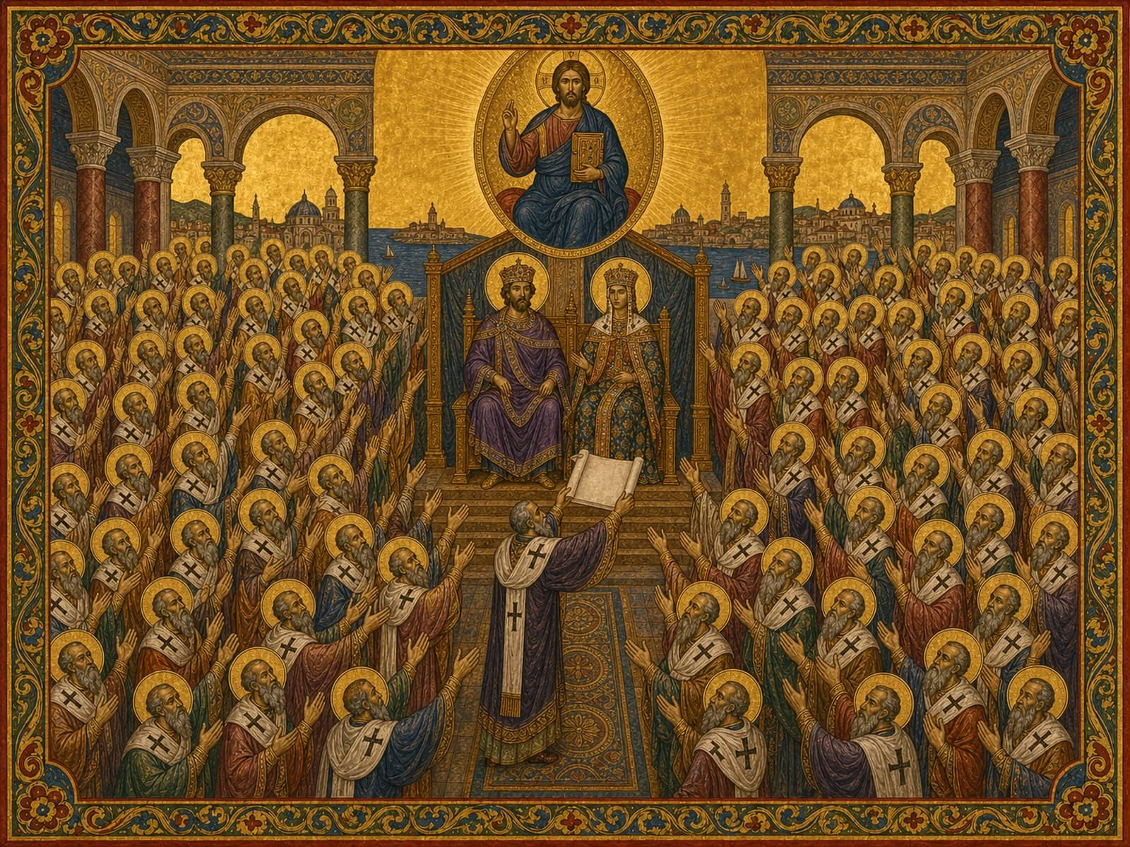The six hundred and thirty fathers of the Council of Chalcedon, vested as bishops, rising to acclaim the Tome of Pope Saint Leo, held aloft as a scroll, before Emperor Marcian and Empress Saint Pulcheria, AD 451.