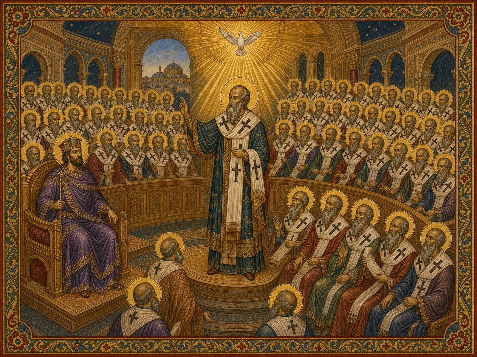 Saint Gregory the Theologian preaching the divinity of the Holy Spirit, shown as a descending dove in rays of golden uncreated light, among the 150 fathers of the First Council of Constantinople with the emperor Theodosius enthroned to one side, AD 381.