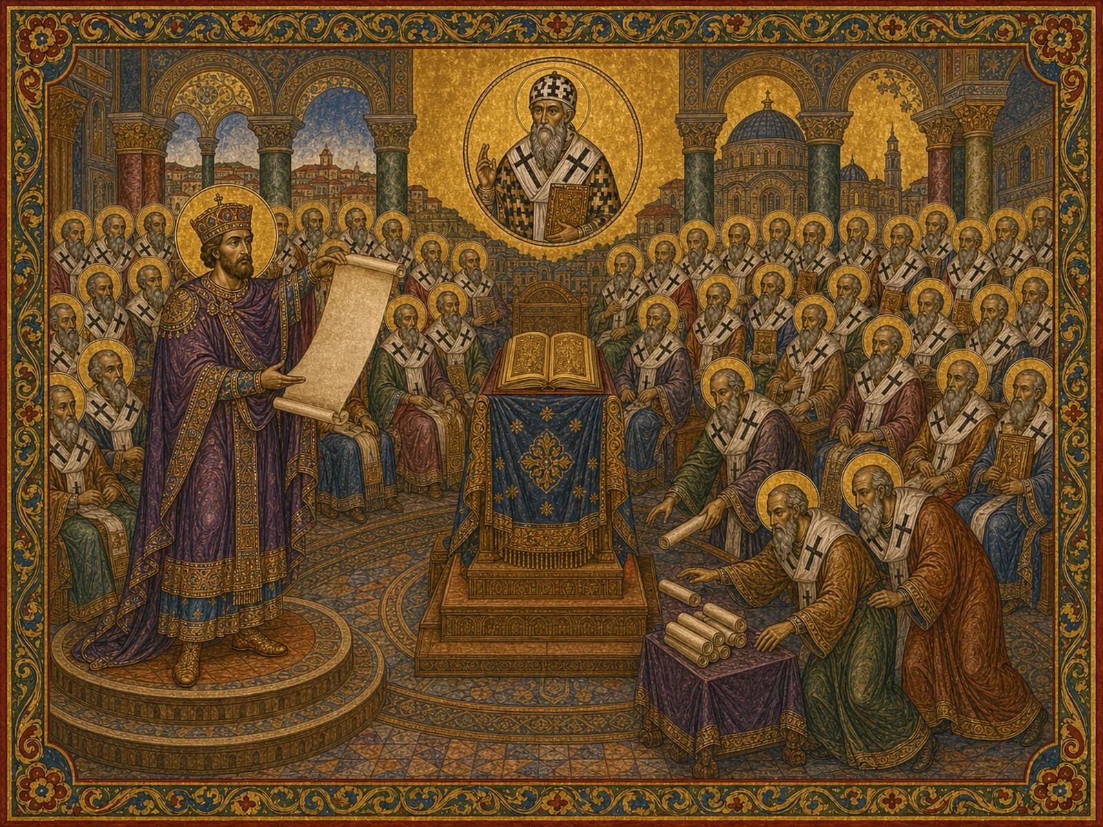 Emperor Saint Justinian convoking the Second Council of Constantinople, AD 553, as the haloed fathers condemn the Three Chapters and affirm Chalcedon read with Saint Cyril of Alexandria, before the enthroned Gospel book signifying Christ presiding.
