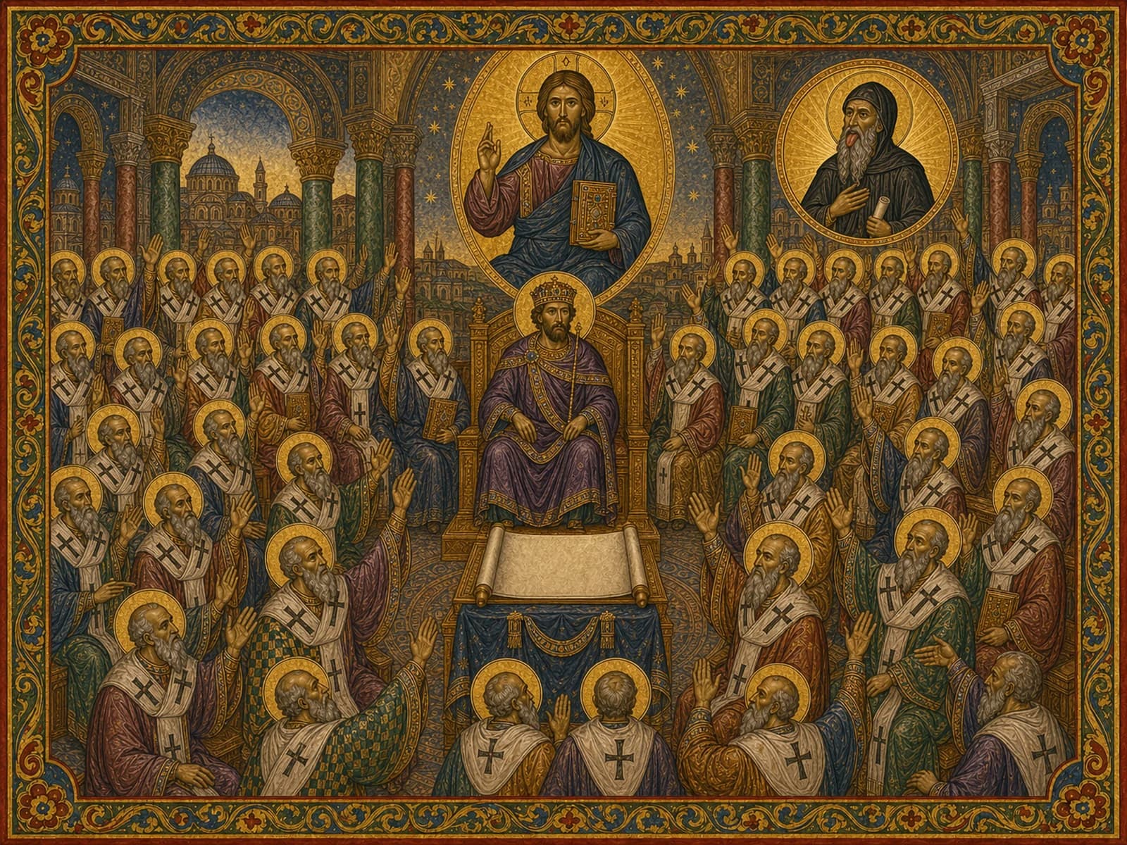The Third Council of Constantinople, AD 680–681, defining the two natural wills and operations in Christ before Emperor Constantine IV, with Christ Pantocrator enthroned above the assembled bishops, and the reposed Saint Maximus the Confessor honored and vindicated in a separate medallion above the assembly rather than seated among the fathers.
