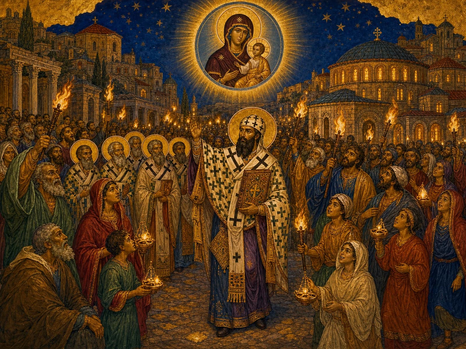 The faithful of Ephesus in a joyful night-time torchlight procession escorting Saint Cyril of Alexandria and the bishops after the Virgin Mary was proclaimed Theotokos at the Council of Ephesus, AD 431, beneath a radiant medallion of the Theotokos and the Christ Child.