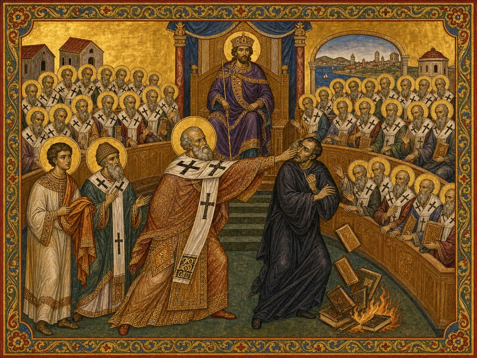 Saint Nicholas of Myra striking the heretic Arius before Emperor Constantine and the assembled bishops at the First Council of Nicaea, AD 325, with Arius's books falling and burning.
