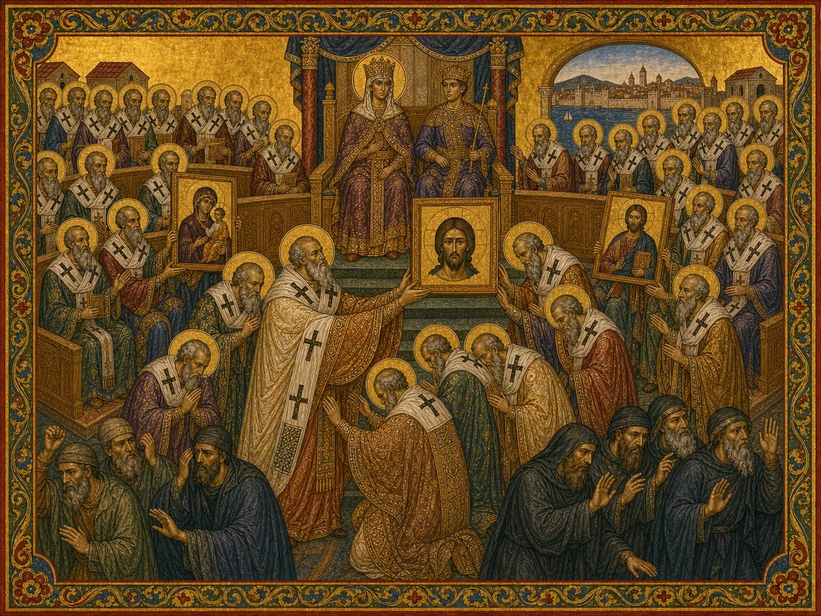 The Second Council of Nicaea, AD 787, restoring the holy icons: Patriarch Saint Tarasius and the assembled fathers venerating an icon of Christ before the haloed Empress Saint Irene and the young emperor Constantine VI — the council that confirmed the veneration of icons.