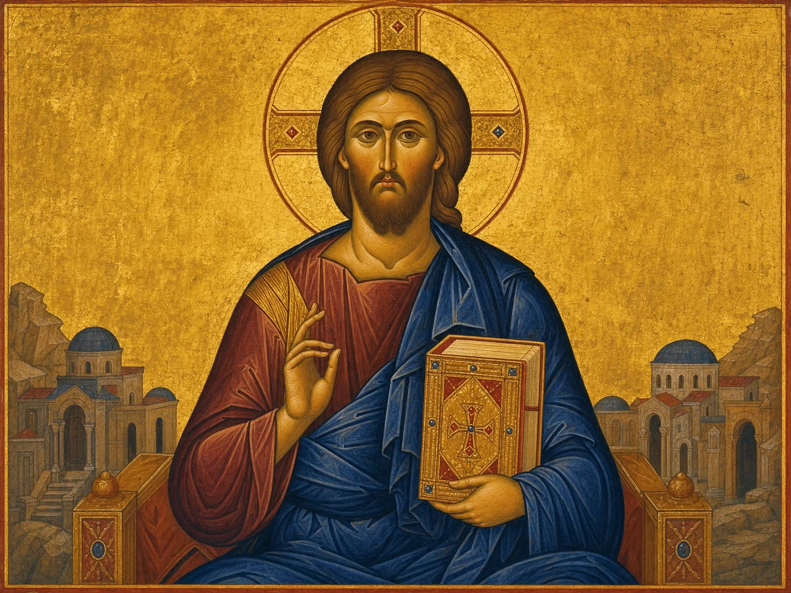 Christ Pantocrator blessing and holding the Gospel book.
