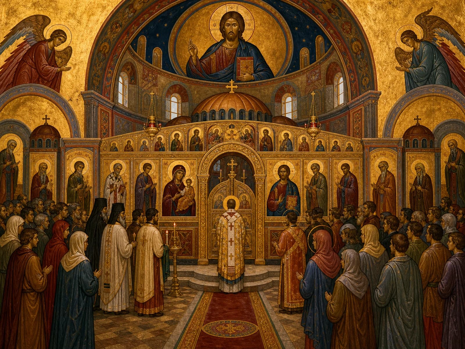 The Orthodox Church gathered before the iconostasis in liturgical prayer.