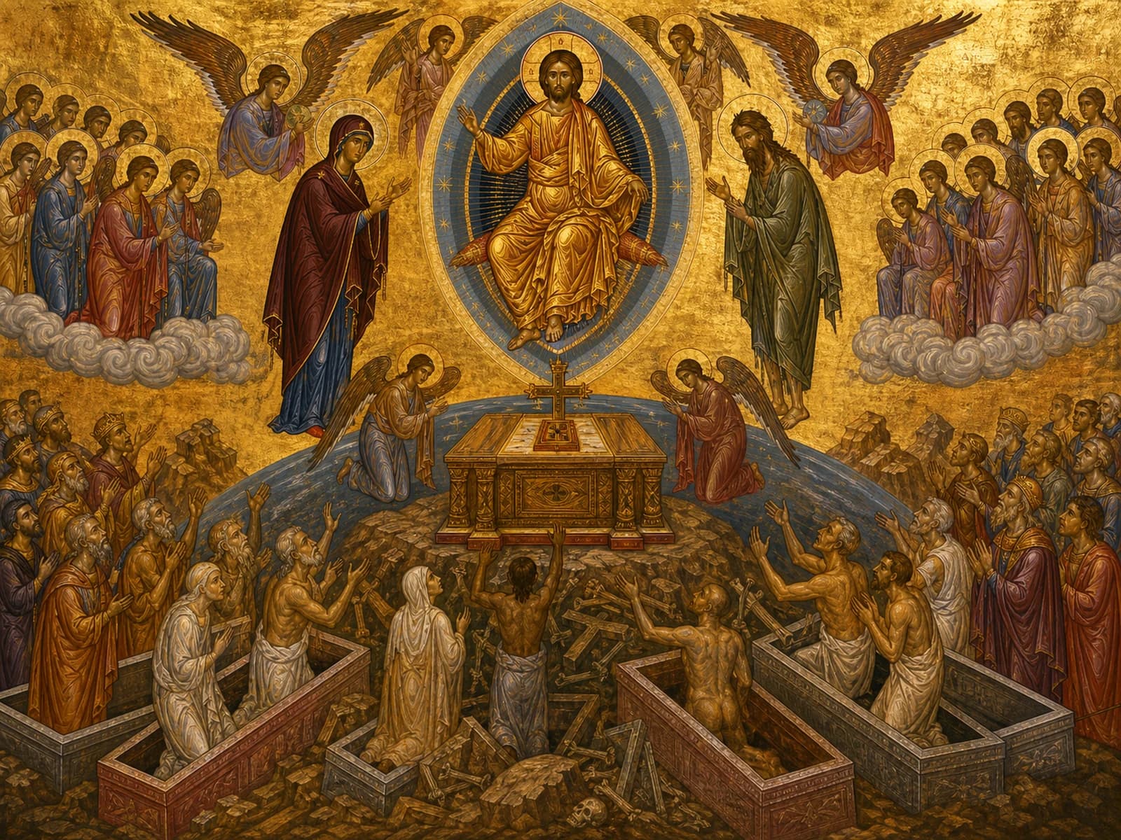 Christ enthroned in glory as the dead rise at the Last Judgment.