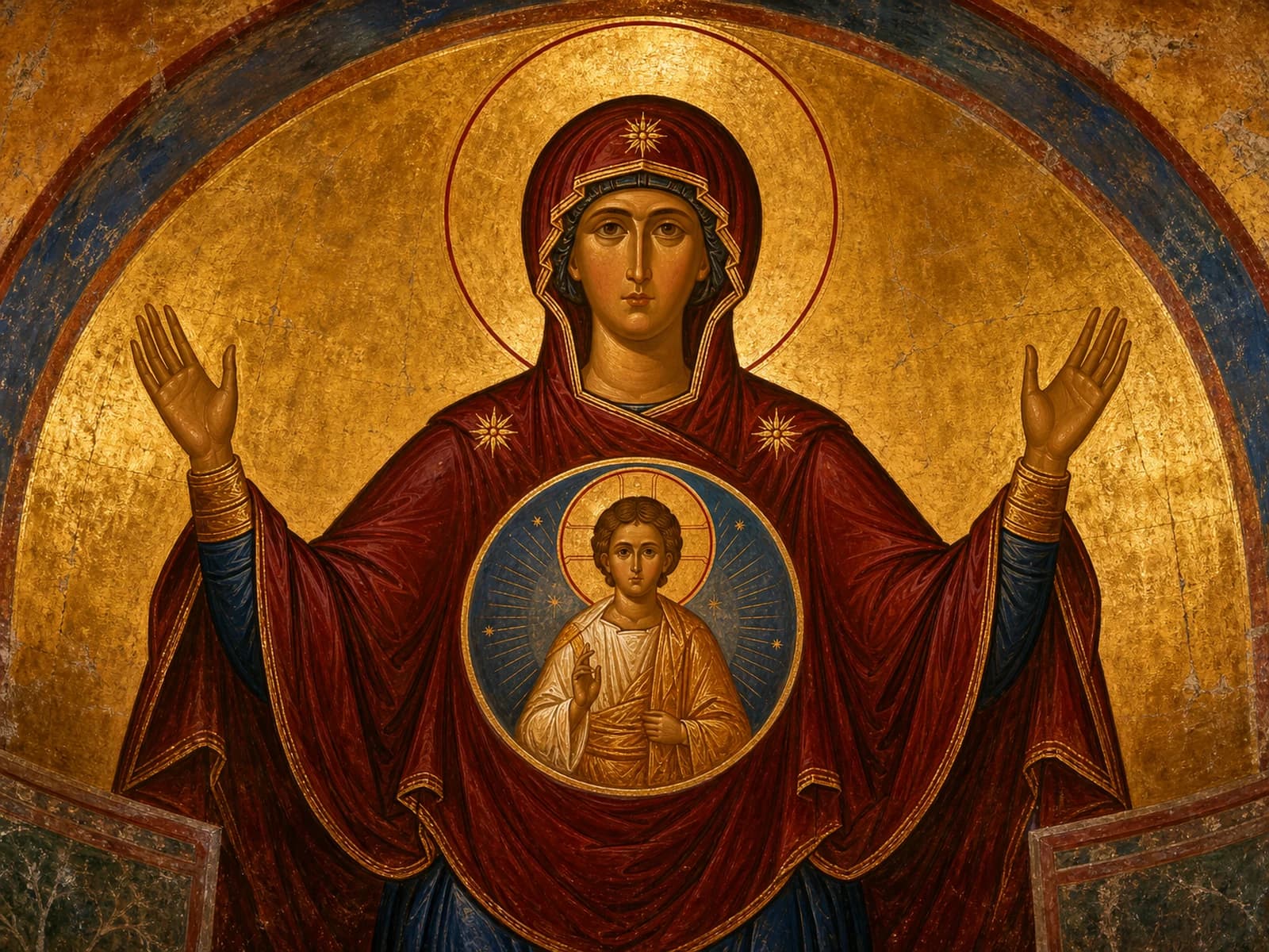 The Theotokos in the Platytera icon type with Christ shown before her.