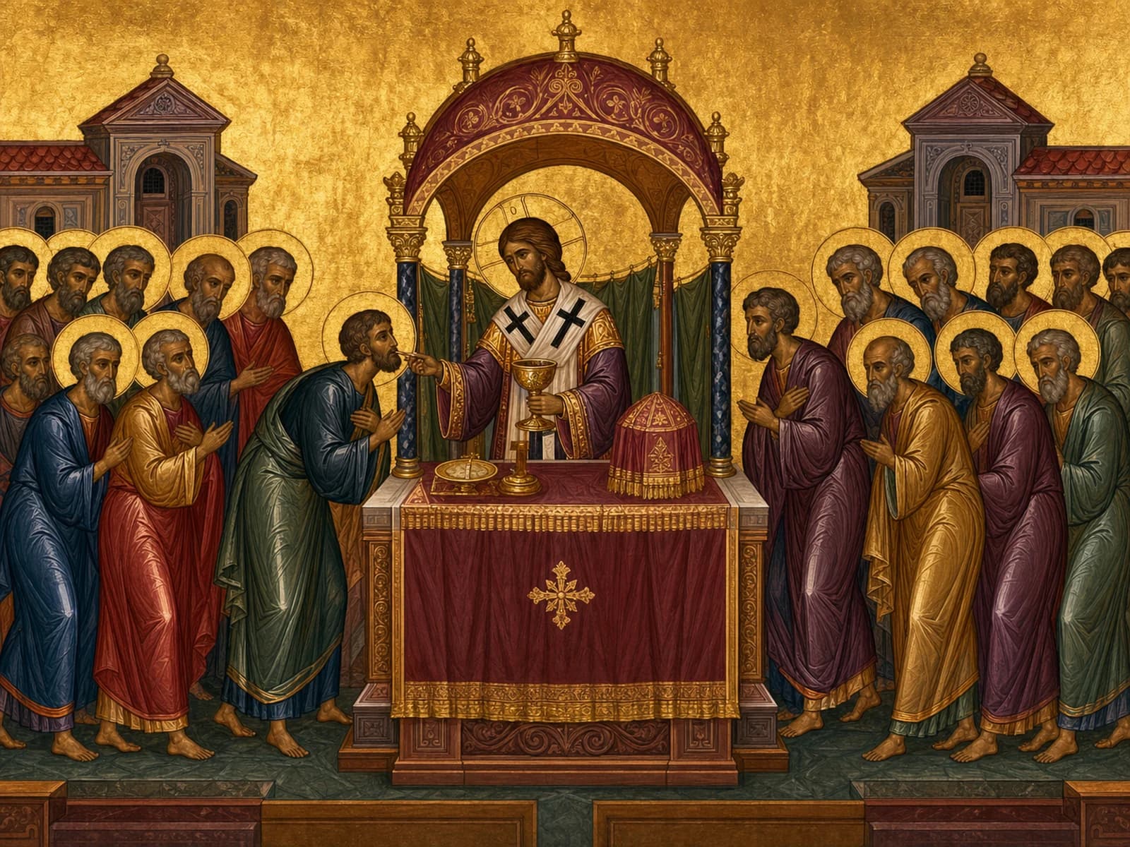 Christ the High Priest distributing the Eucharist to the Apostles.