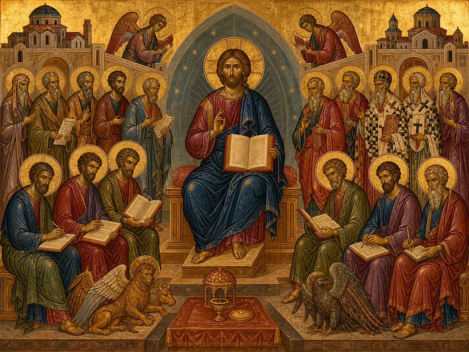 Christ the Teacher surrounded by Evangelists, Apostles, Prophets, and Fathers.