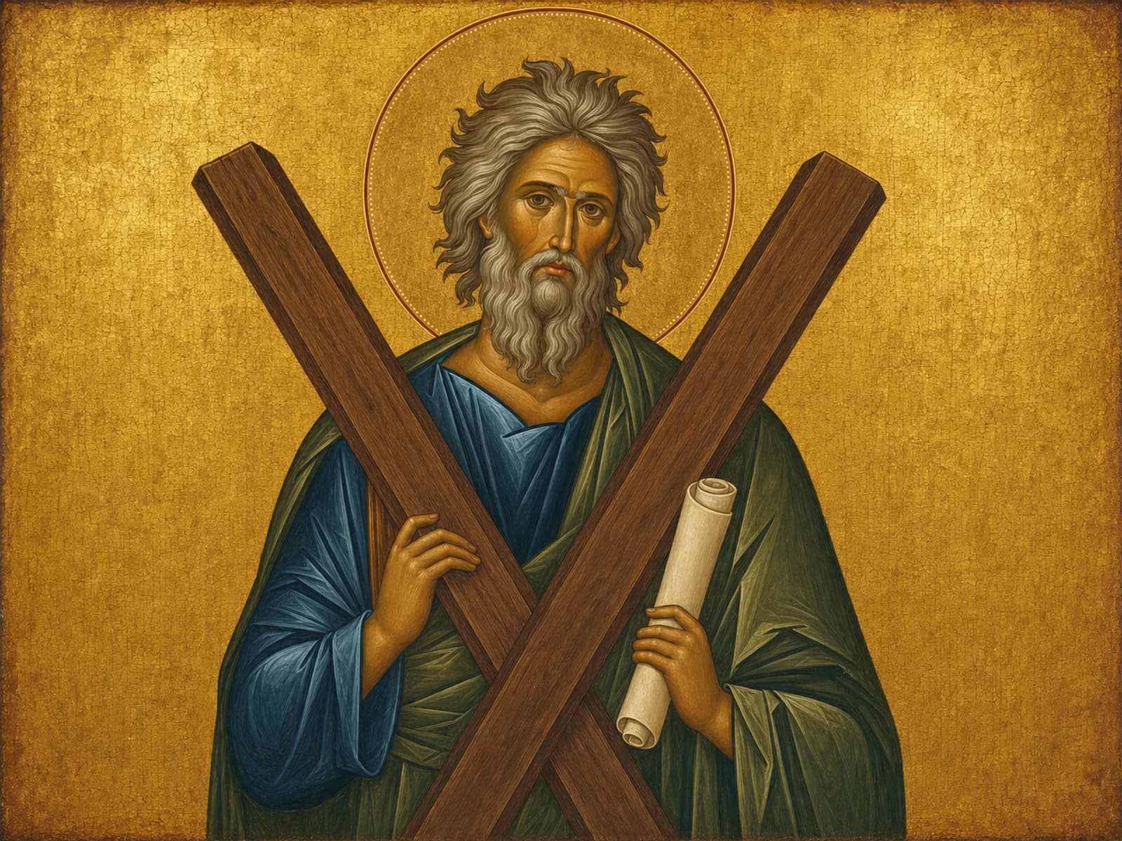 Icon of the apostle Andrew holding the X-shaped cross of his martyrdom.