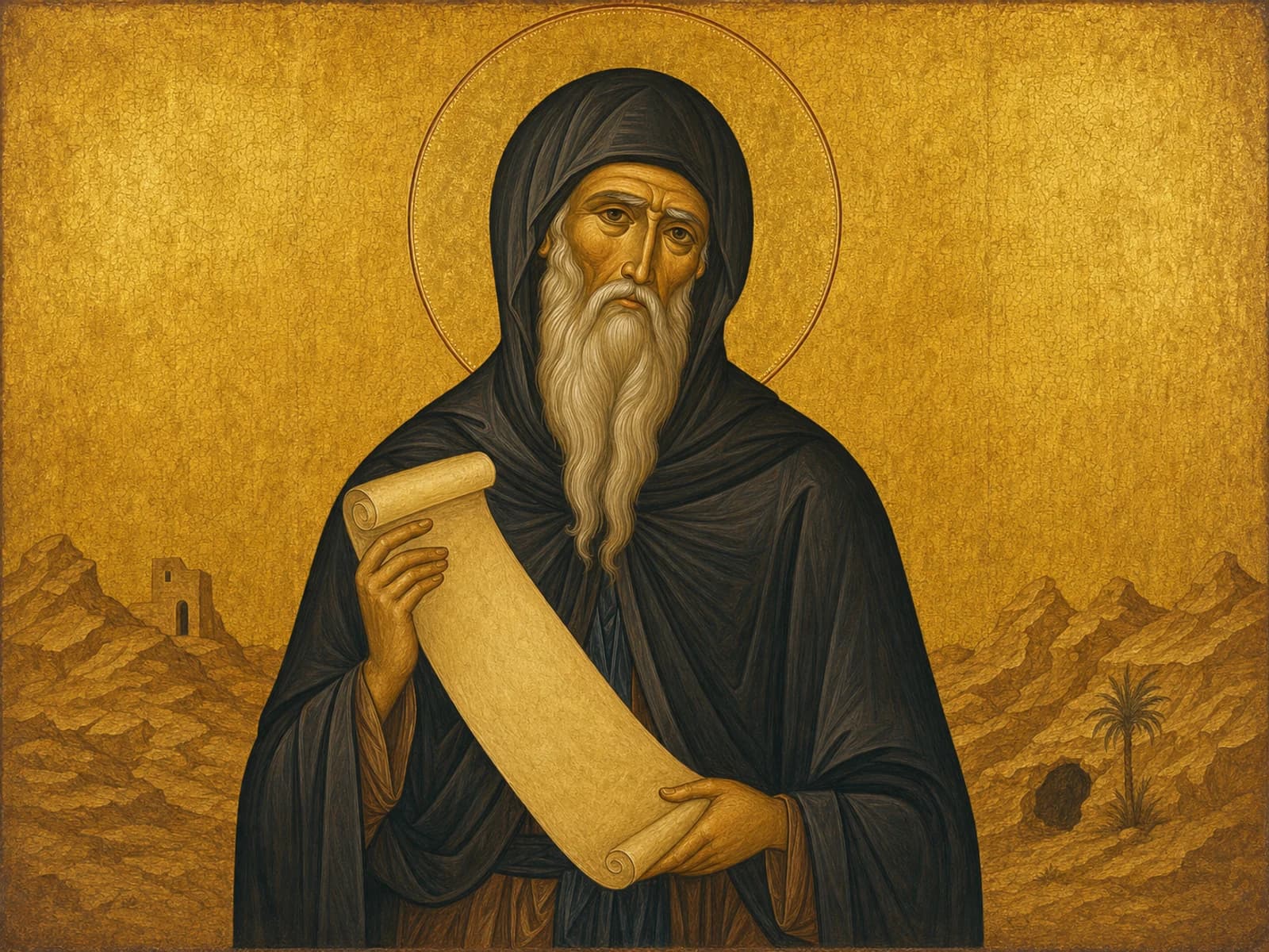 Icon of Saint Anthony the Great in monastic habit holding a scroll.