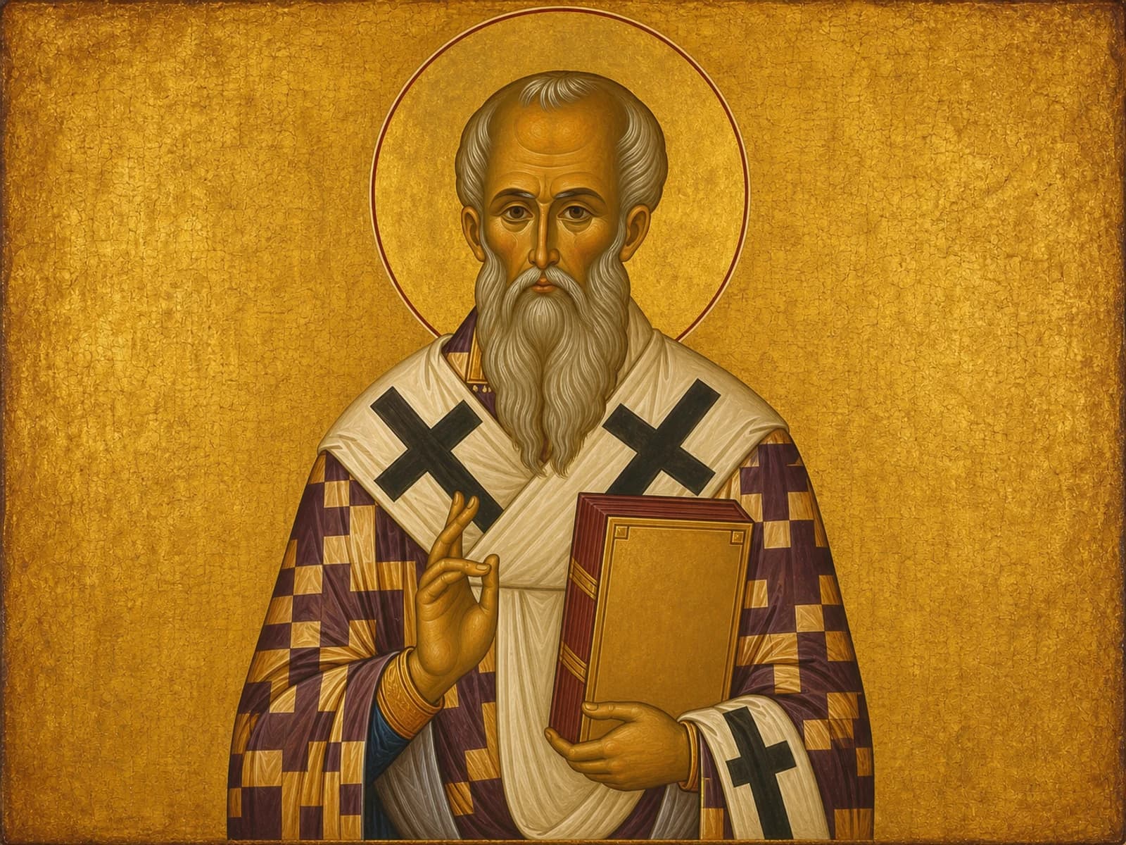 Icon of Saint Athanasius the Great in bishop's vestments holding the Gospel.