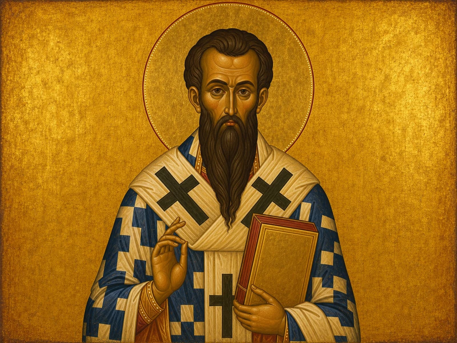 Icon of Saint Basil the Great with his long dark beard, holding the Gospel.