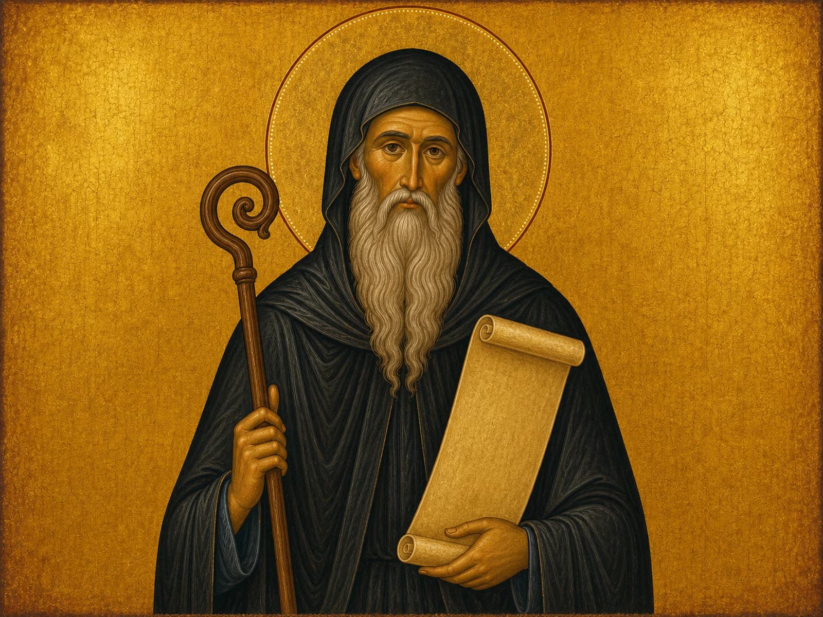 Orthodox icon of Saint Benedict of Nursia with the scroll of his Rule.