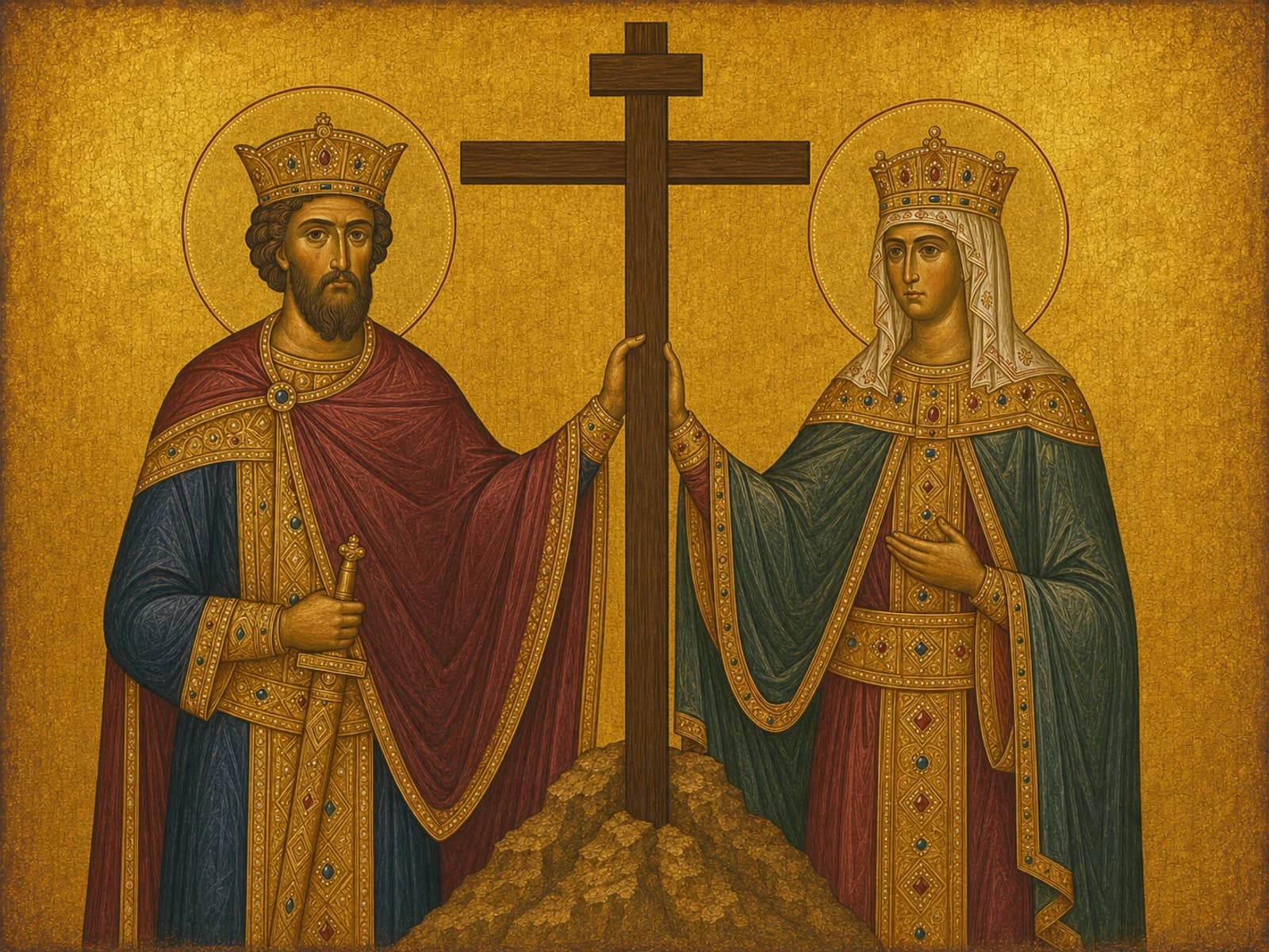 Icon of Saints Constantine and Helen flanking the True Cross.