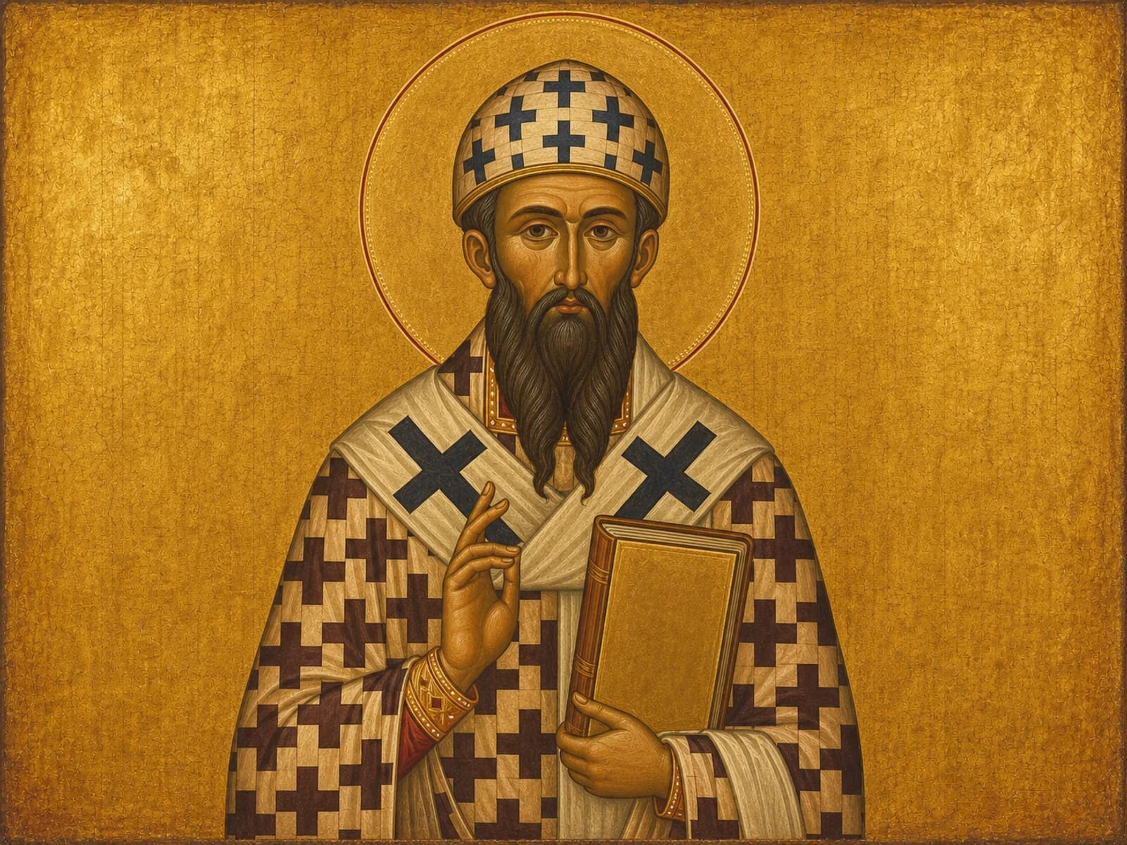 Icon of Saint Cyril of Alexandria in his cross-ornamented cap, holding the Gospel.
