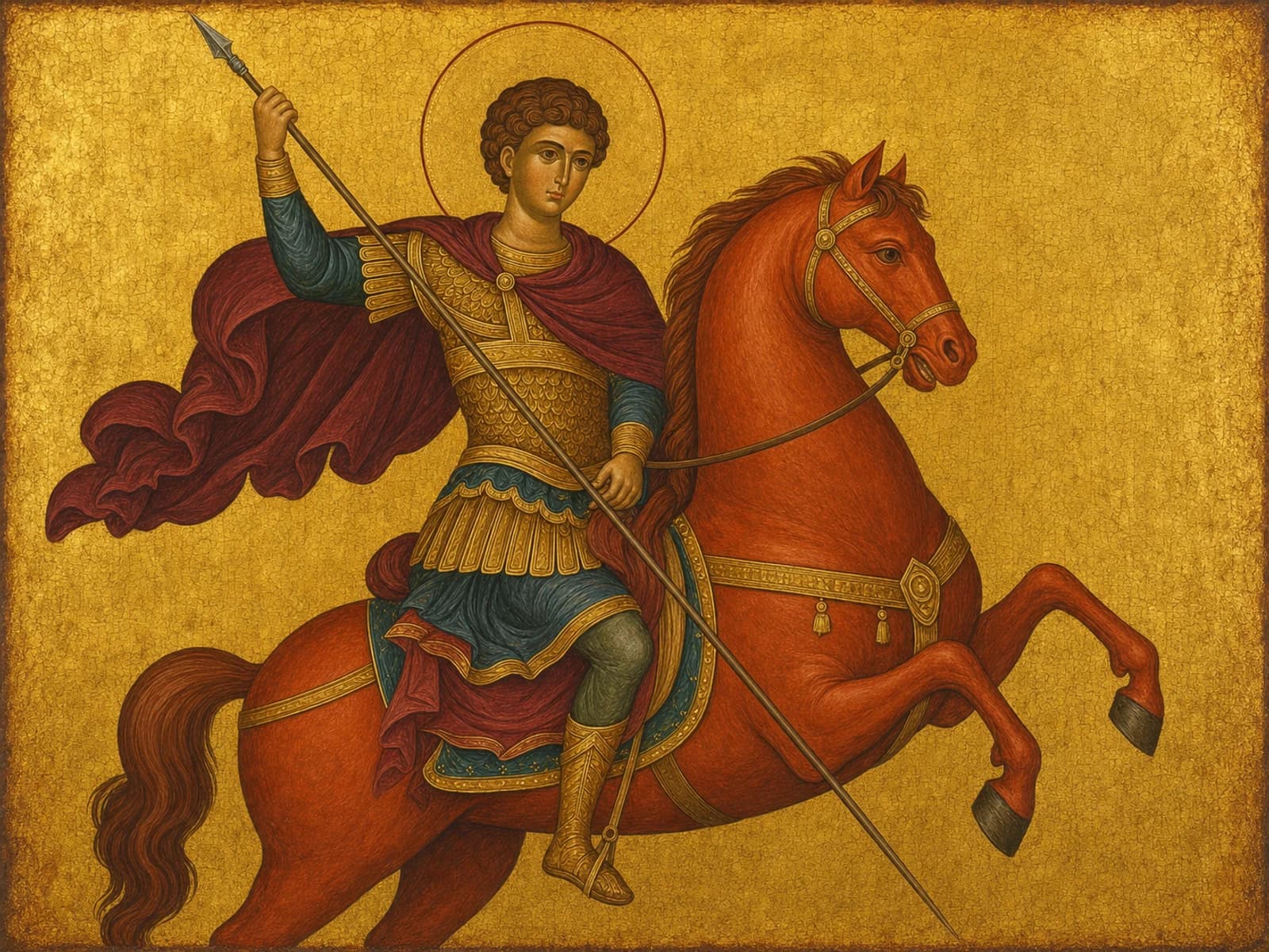 Icon of Saint Demetrios on a red horse with his spear.