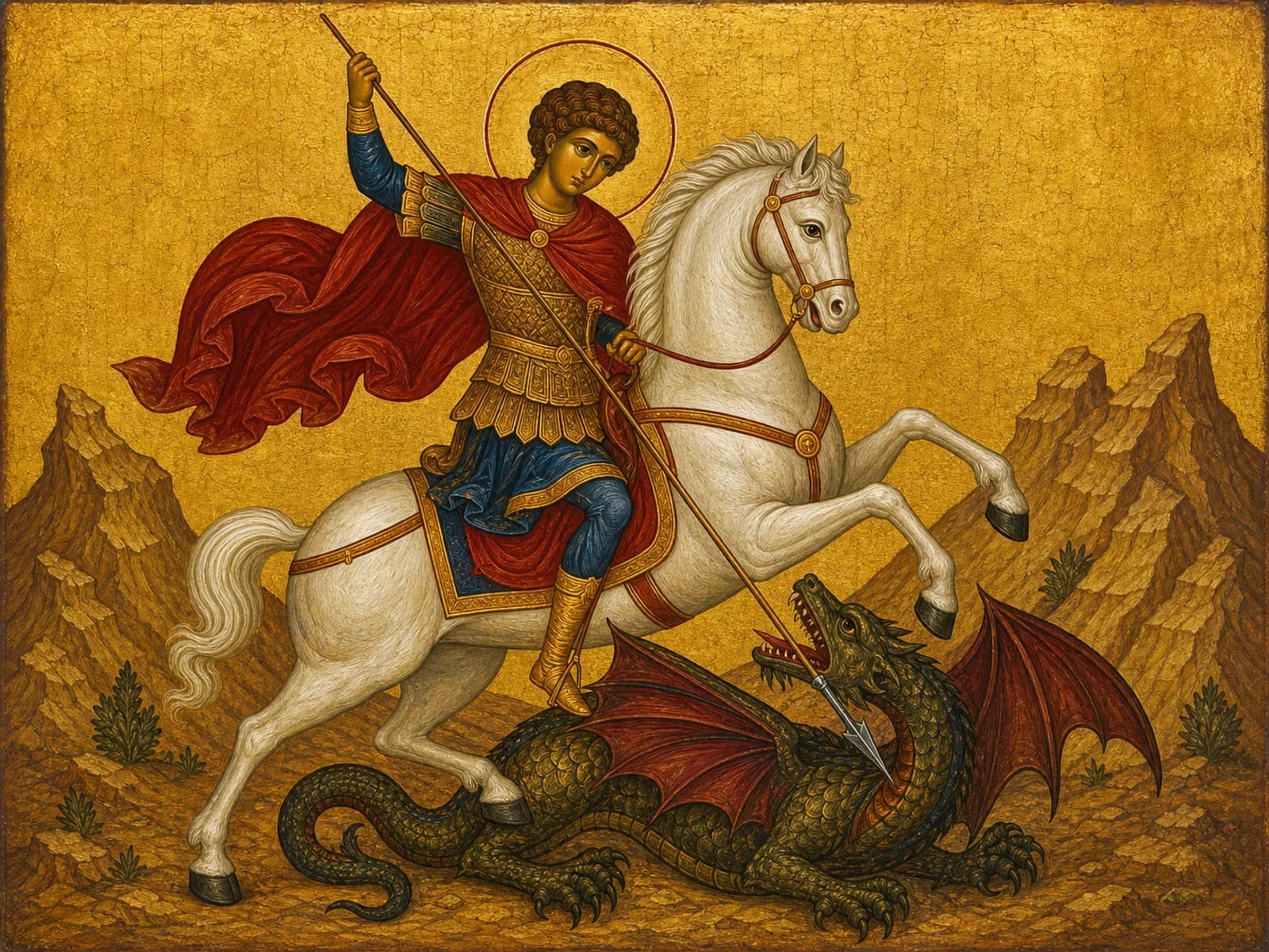 Icon of Saint George on a white horse, spearing the dragon.