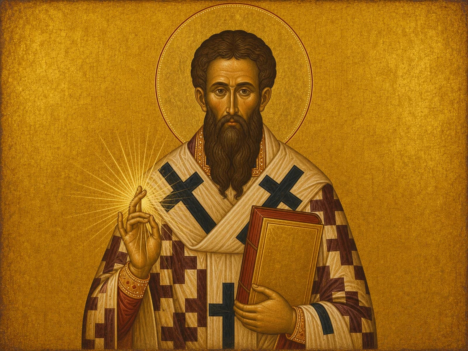 Icon of Saint Gregory Palamas blessing, with the uncreated light.
