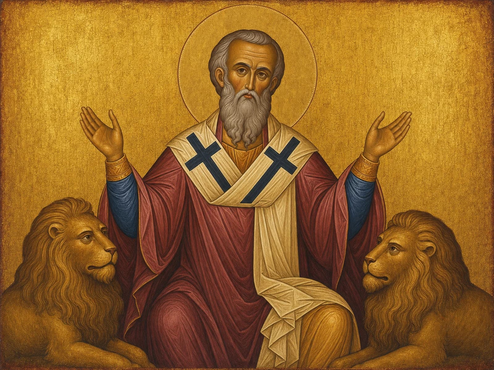 Icon of the hieromartyr Ignatius of Antioch flanked by two lions.