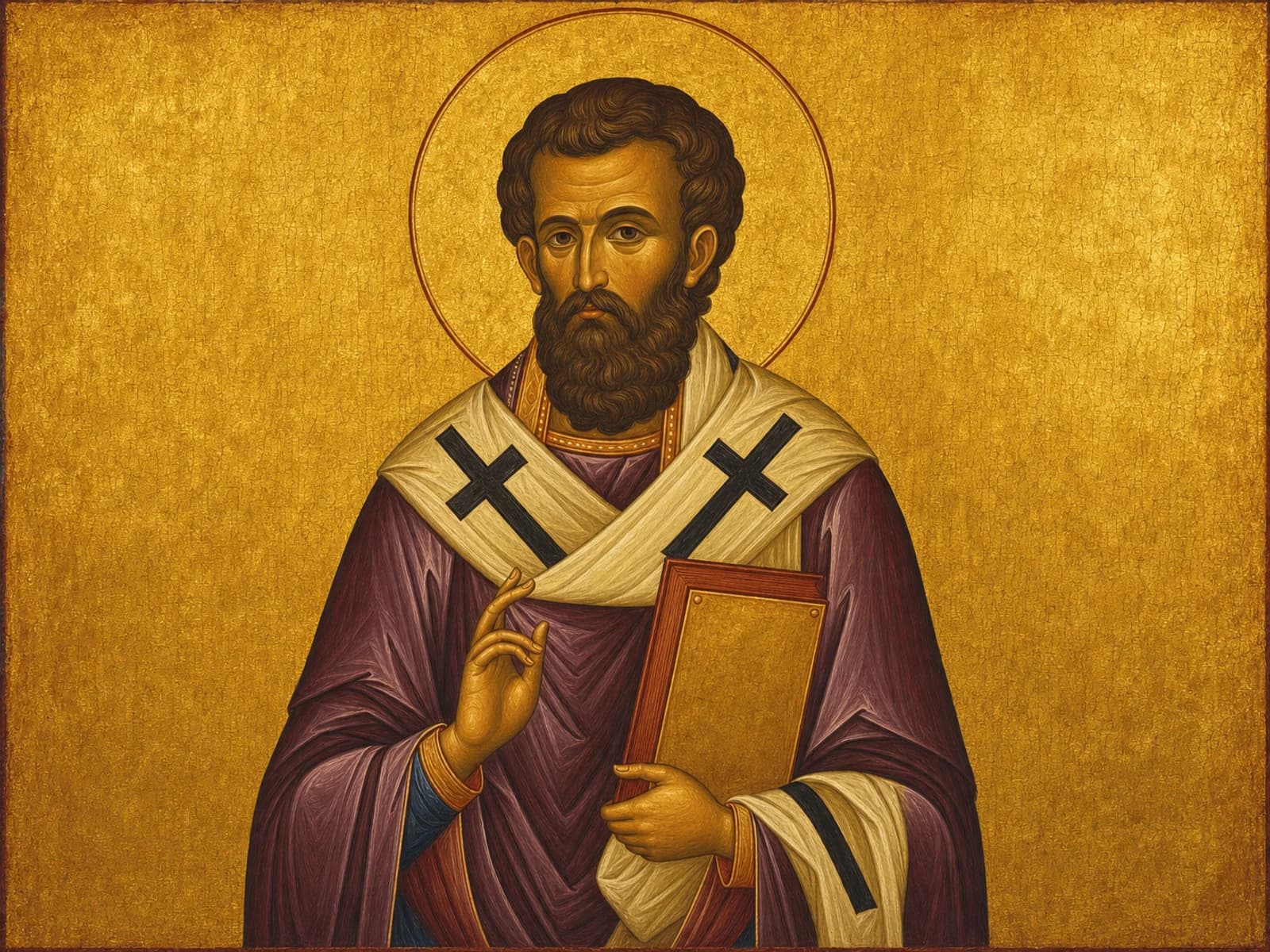 Icon of the hieromartyr Irenaeus of Lyons holding the Gospel book.