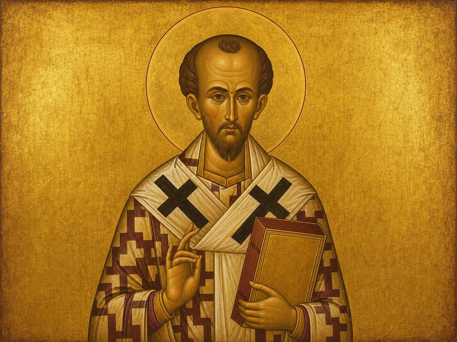 Icon of Saint John Chrysostom, thin and ascetic, holding the Gospel.
