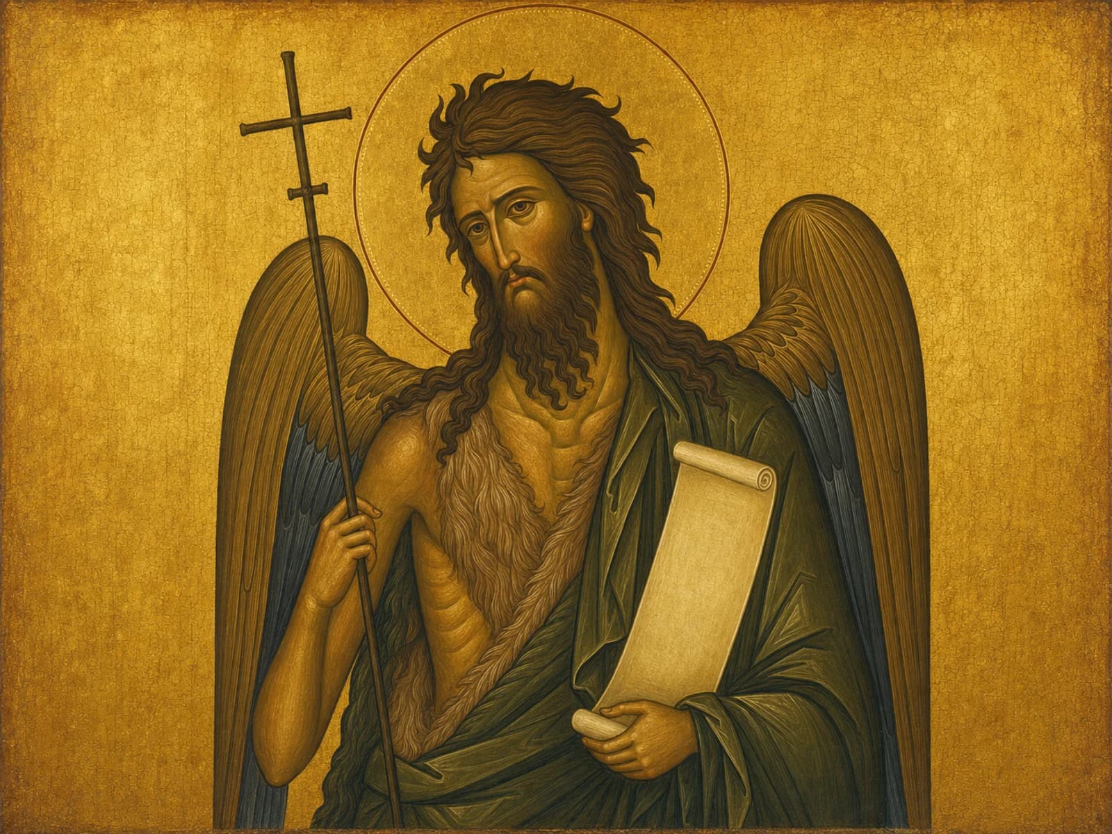 Icon of Saint John the Forerunner as the winged Angel of the Desert, holding a scroll and slender cross.