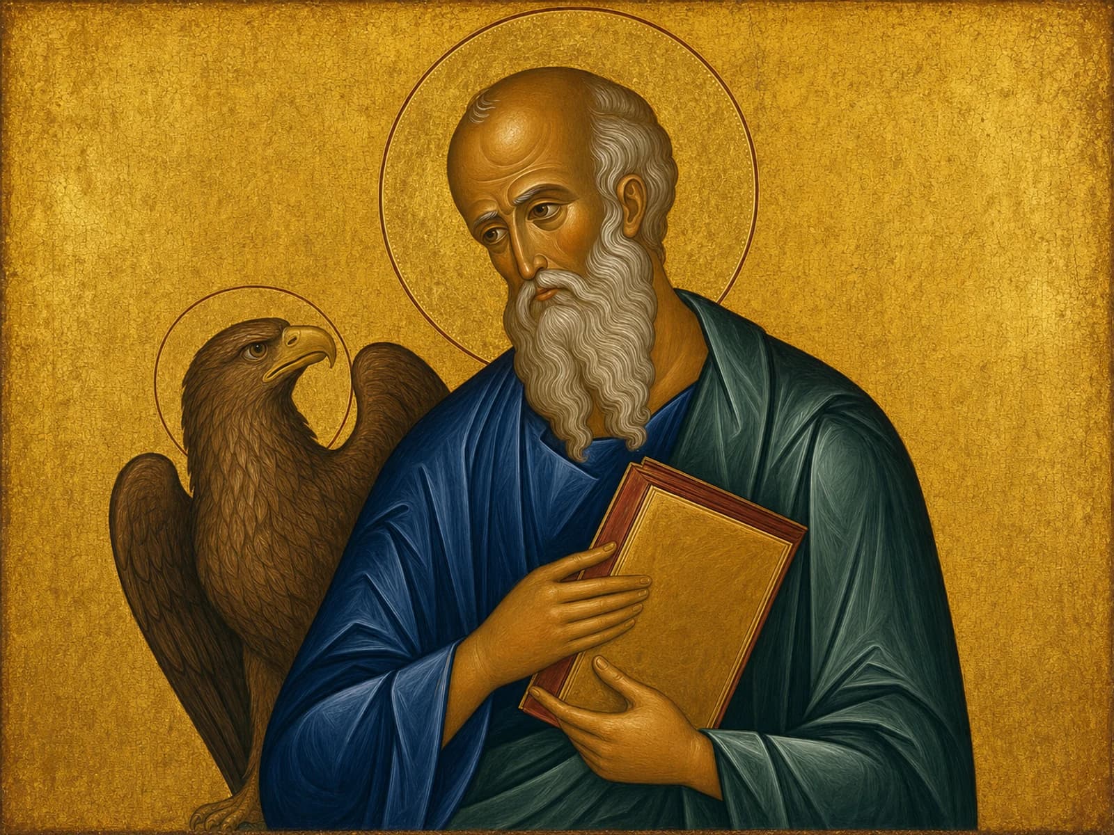 Icon of the aged apostle John the Theologian with the Gospel book and the eagle.
