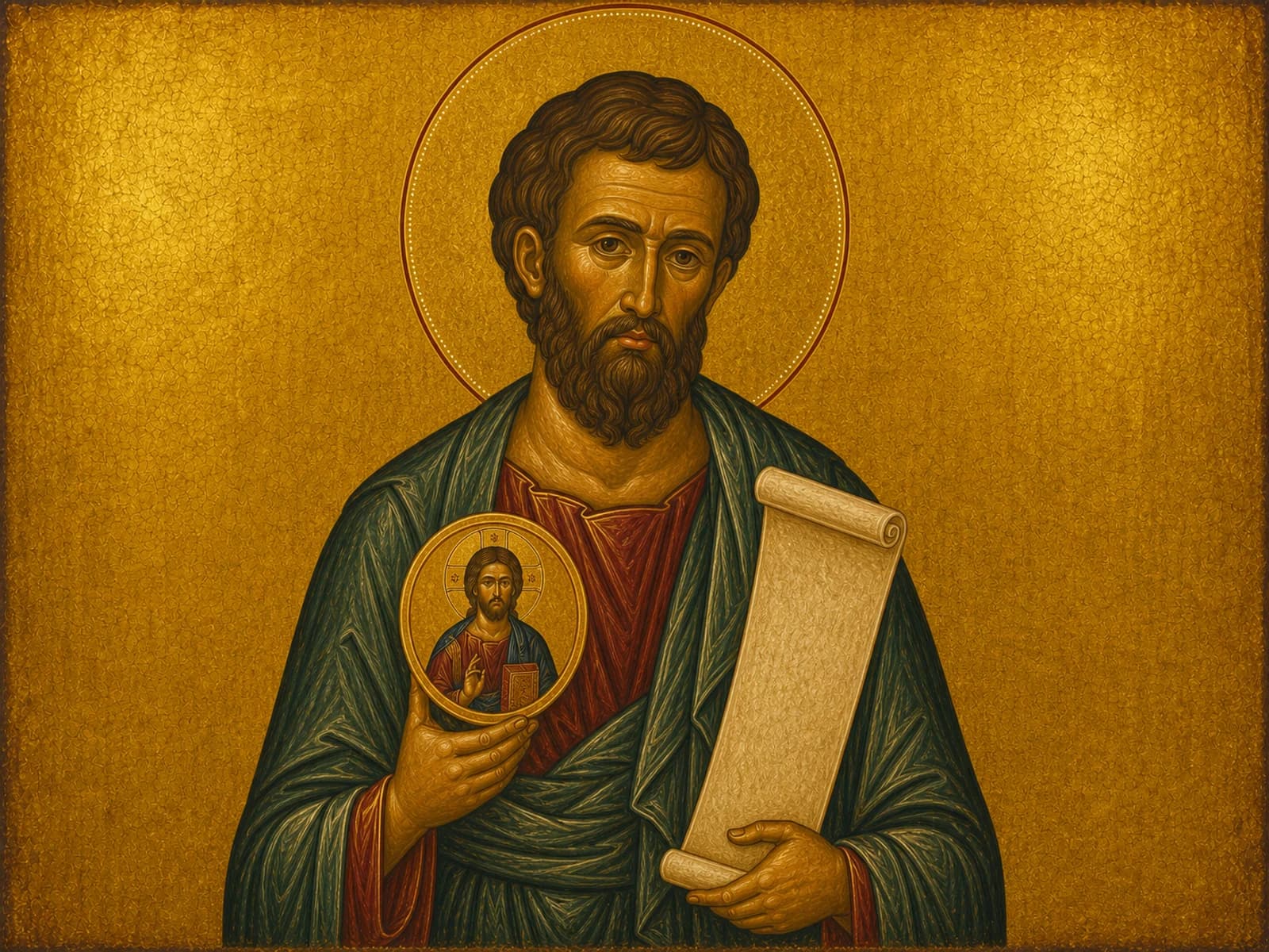 Icon of Saint Jude Thaddaeus holding a scroll and small icon of Christ.