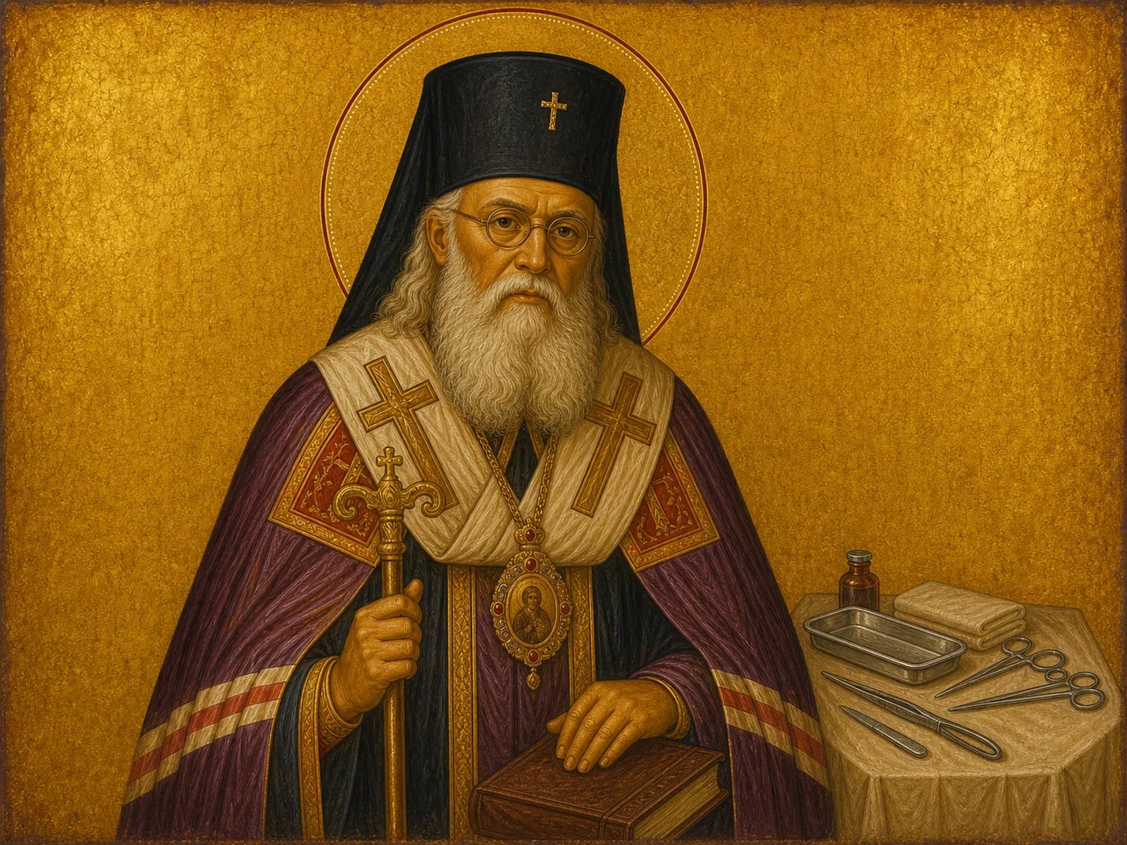 Icon of Saint Luke of Simferopol with spectacles and surgical instruments.