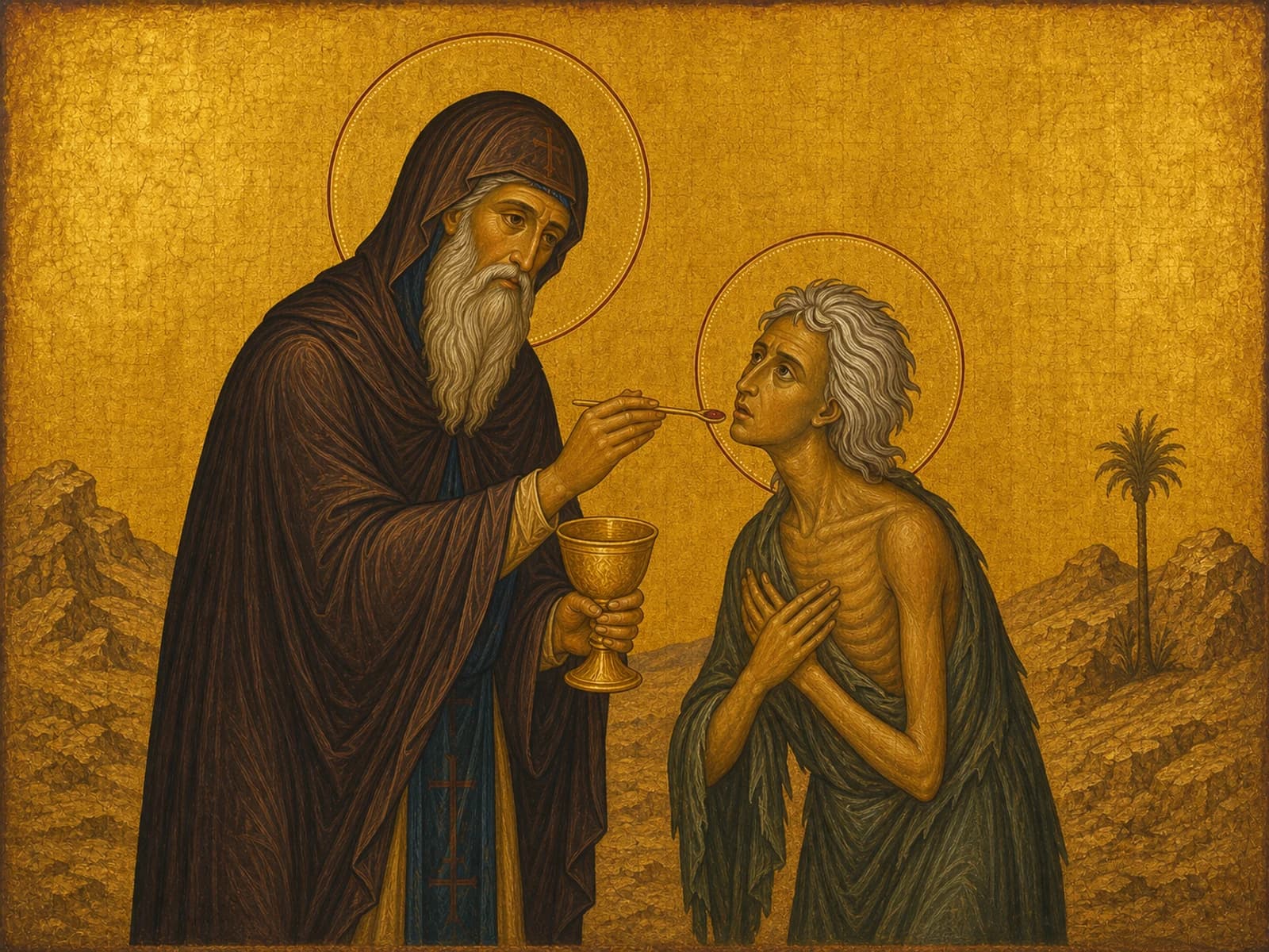Icon of Saint Mary of Egypt, the desert penitent, receiving Communion from Saint Zosimas.