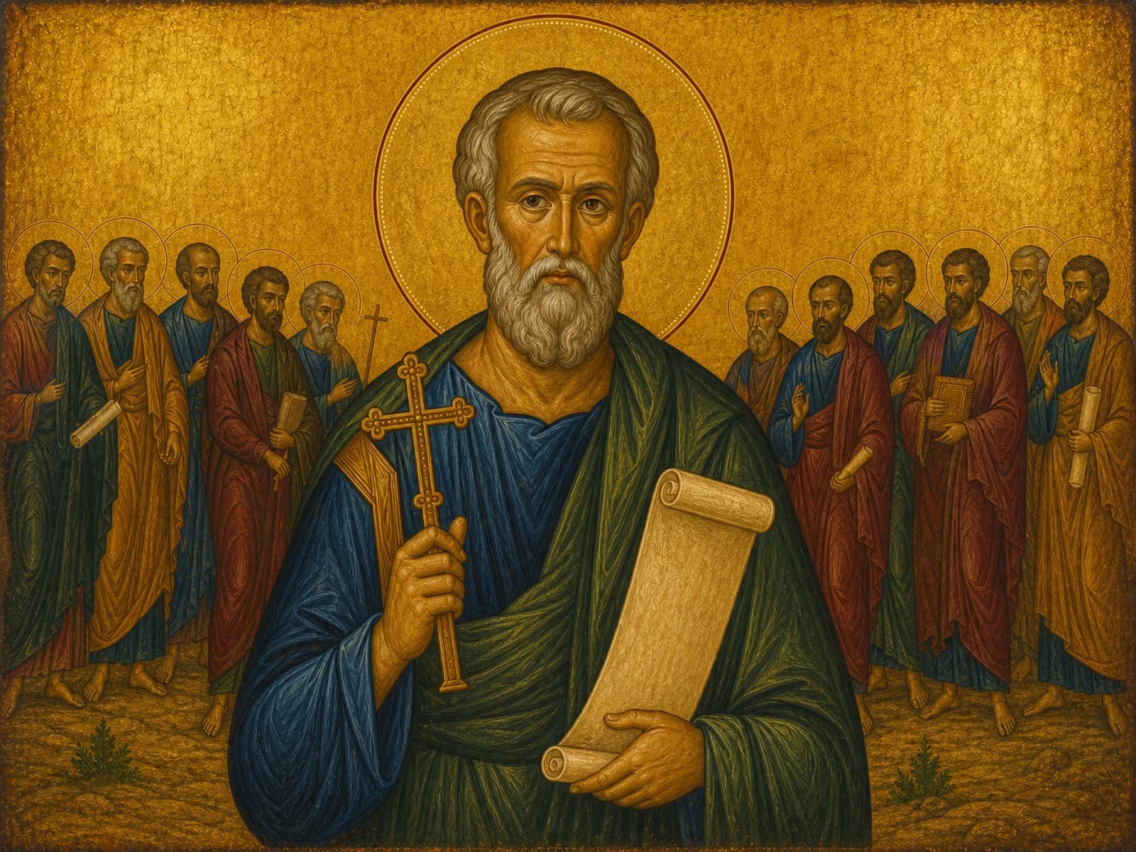 Icon of Saint Matthias the Apostle holding a scroll and hand cross.