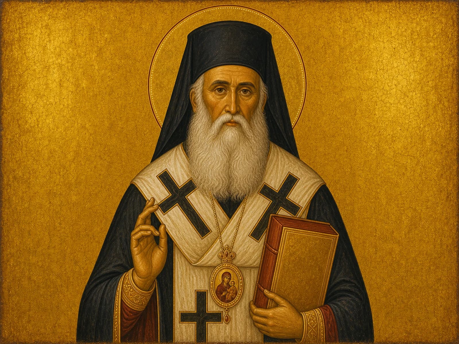 Icon of Saint Nektarios of Aegina in the black monastic veil, blessing.