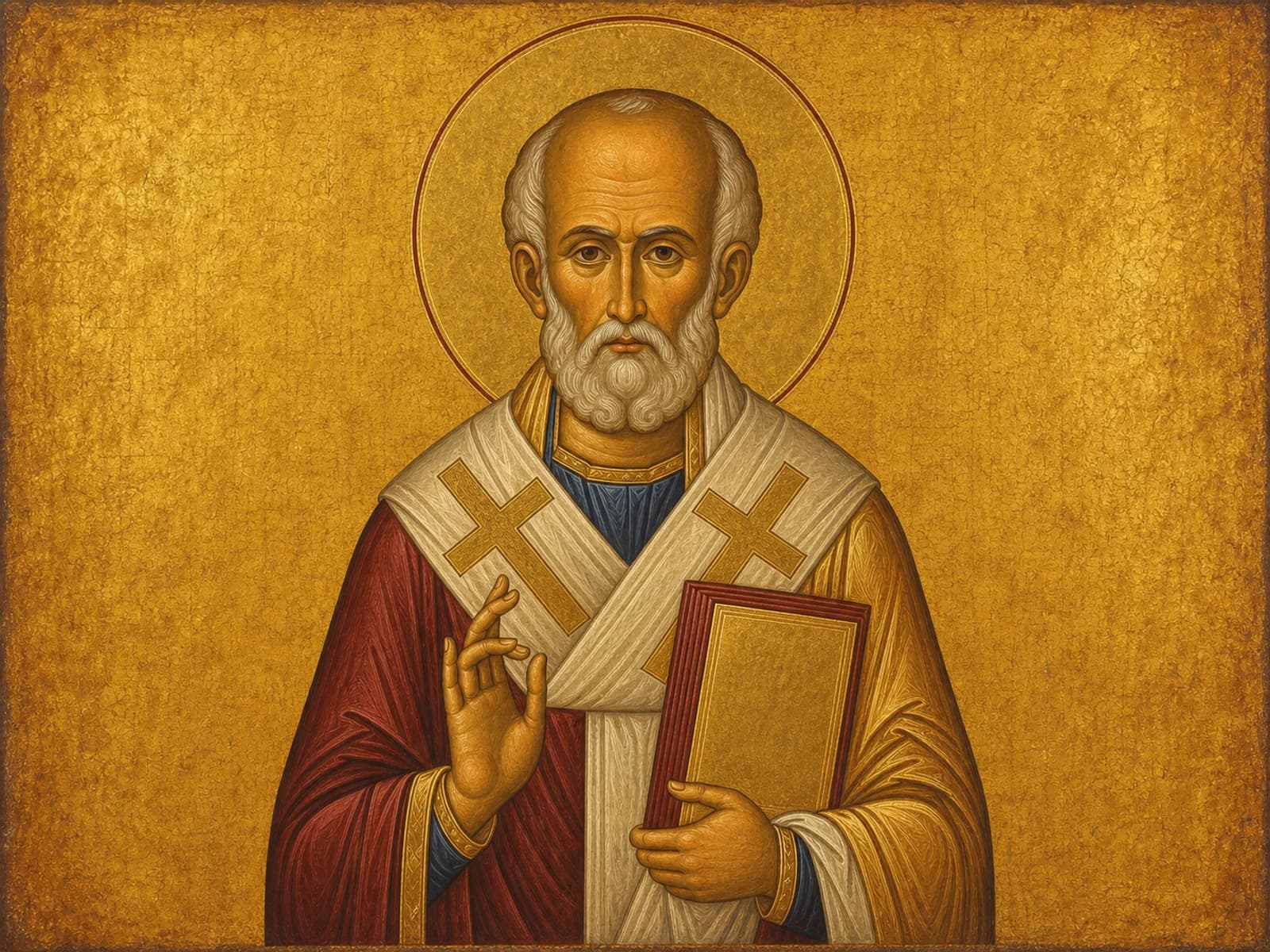 Icon of Saint Nicholas of Myra blessing, holding the Gospel book.