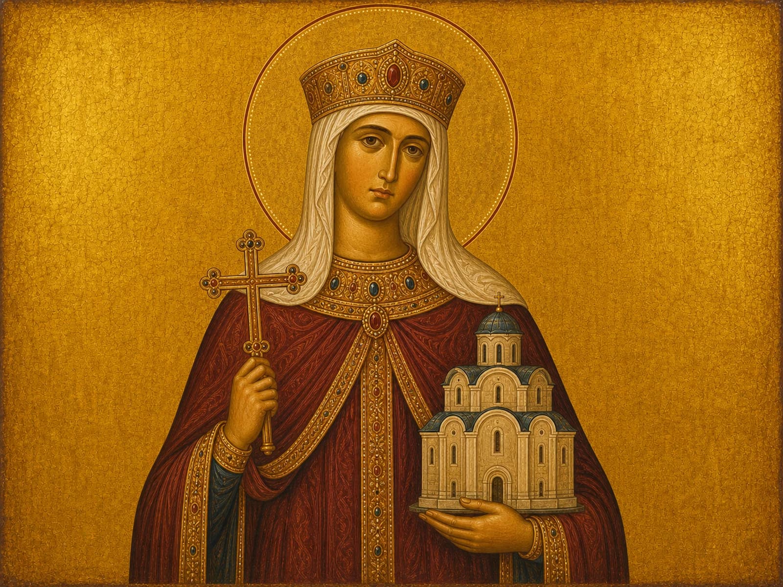 Icon of Saint Olga of Kiev crowned, with hand cross and church.