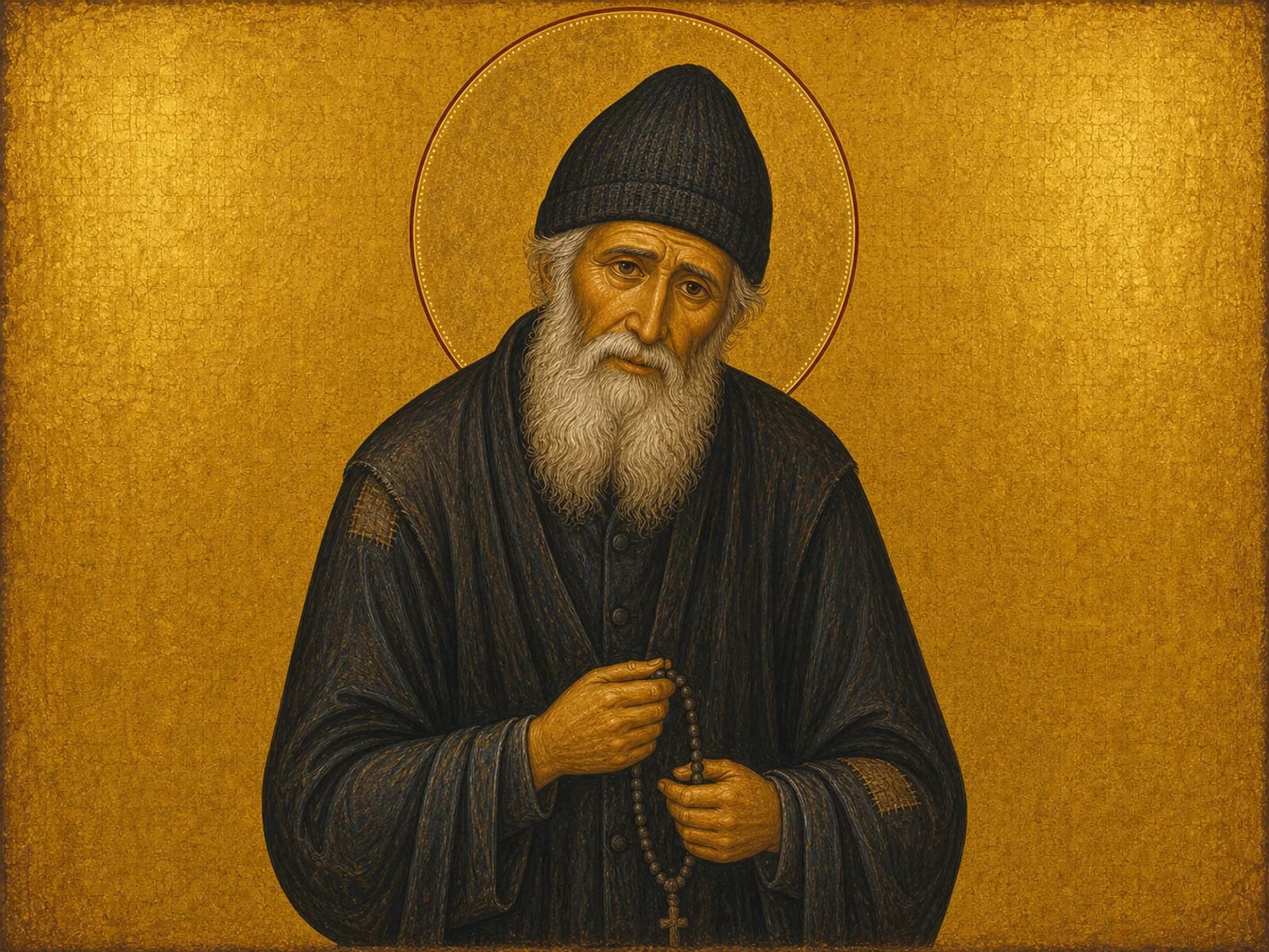 Icon of Saint Paisios of Mount Athos in his knitted cap, with prayer rope.