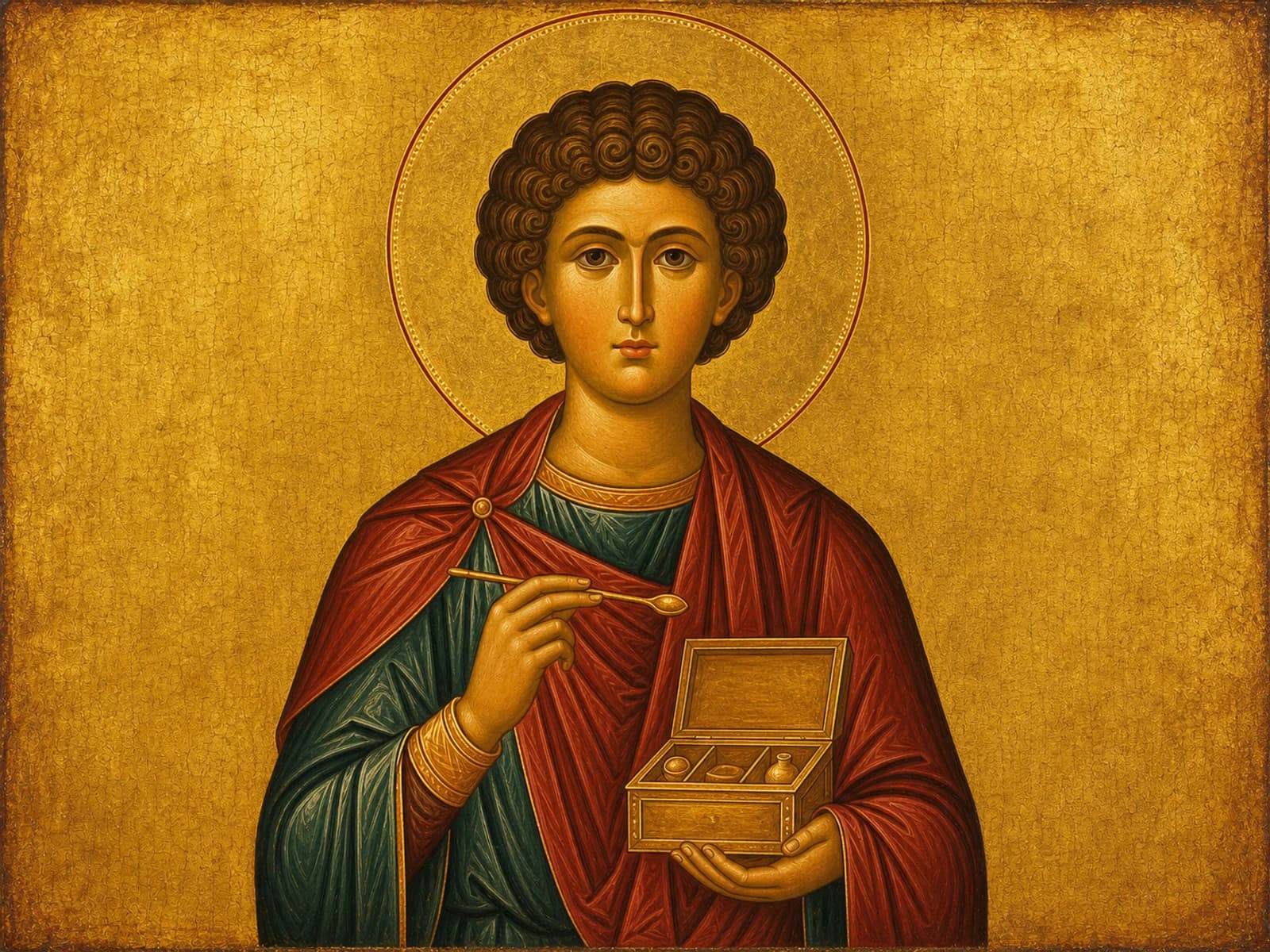 Icon of Saint Panteleimon the healer with his medicine box and spoon.