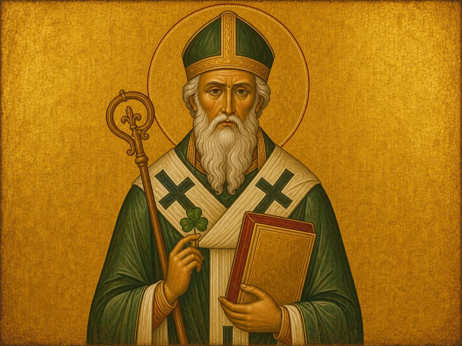 Orthodox icon of Saint Patrick of Ireland with staff, Gospel, and shamrock.