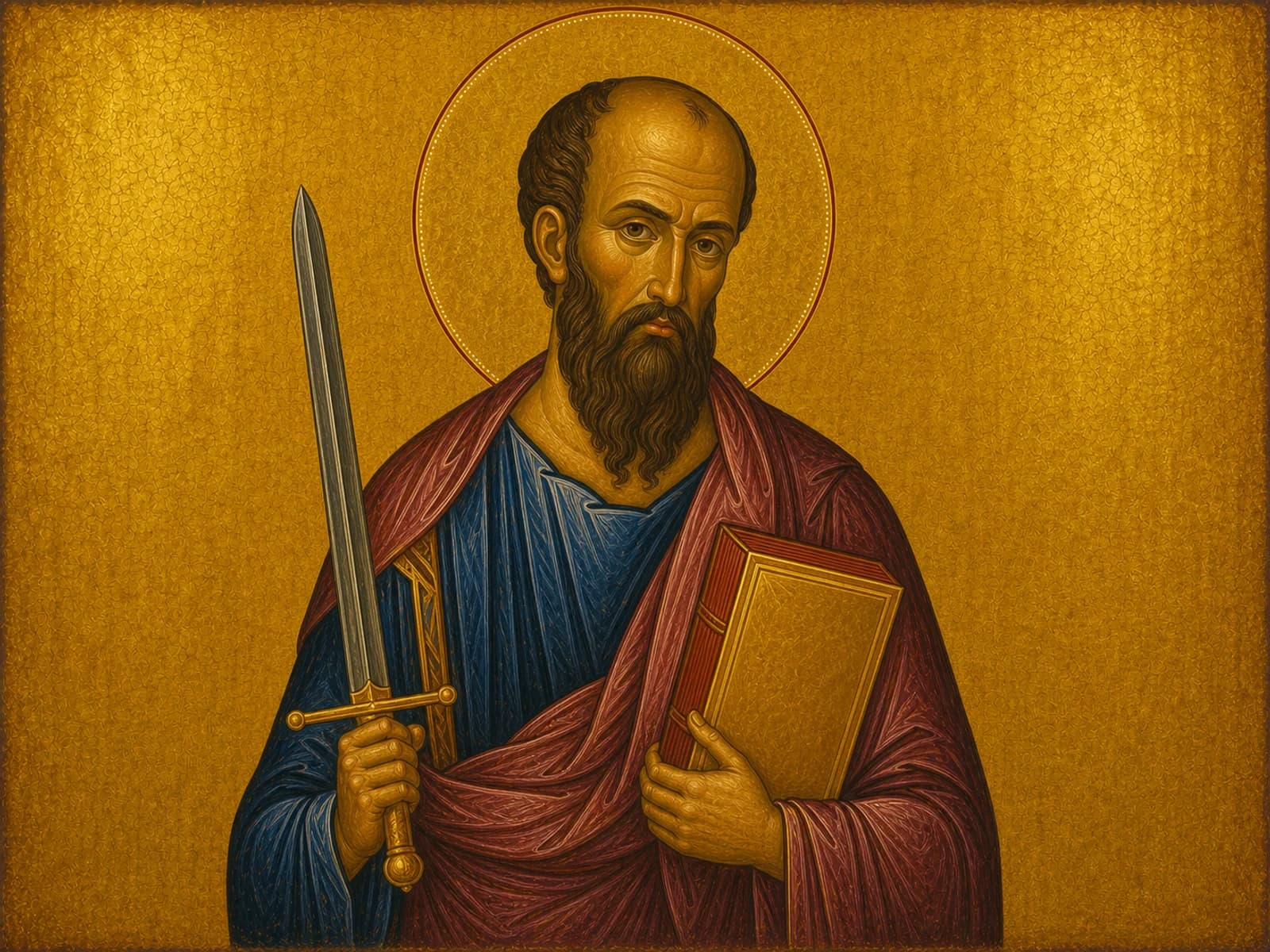 Icon of Saint Paul the Apostle holding a book of epistles and sword of martyrdom.