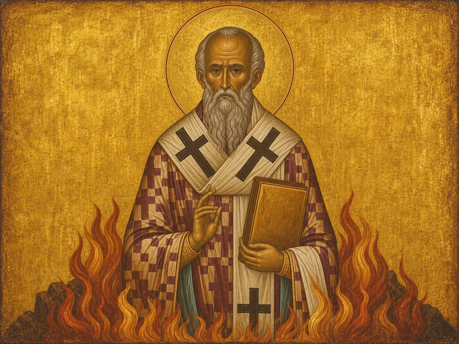 Icon of the hieromartyr Polycarp of Smyrna holding the Gospel, flames at his feet.