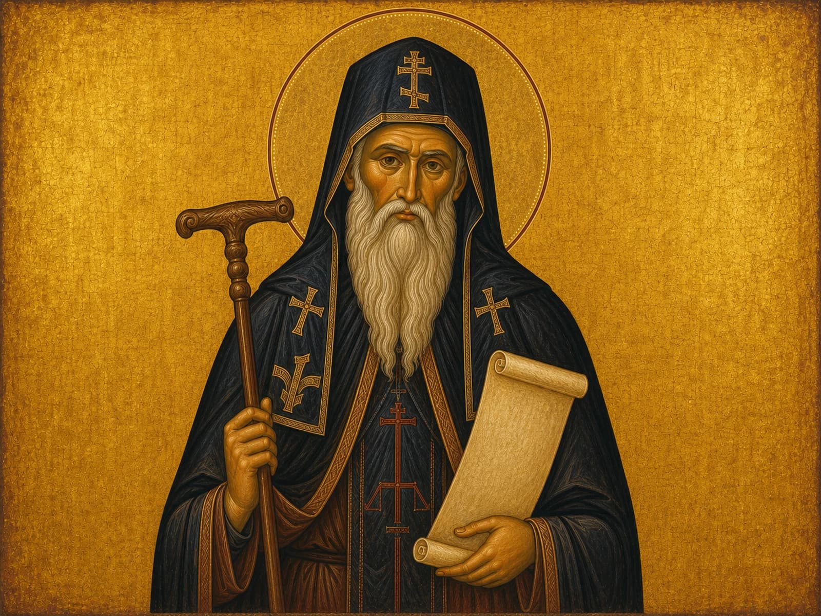 Icon of Saint Sabbas the Sanctified with scroll and abbot’s staff.