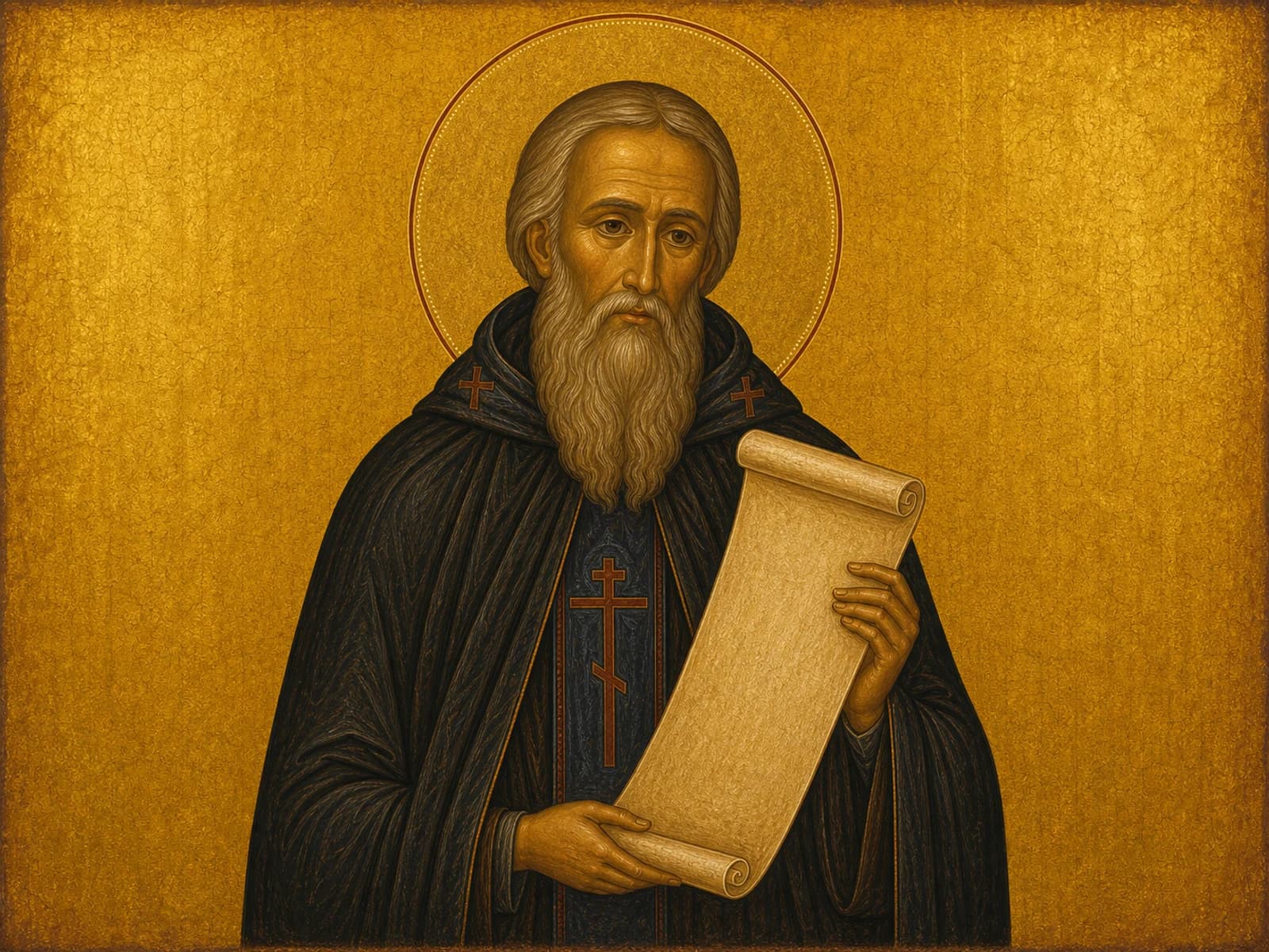Icon of Saint Sergius of Radonezh in the monastic schema with a scroll.