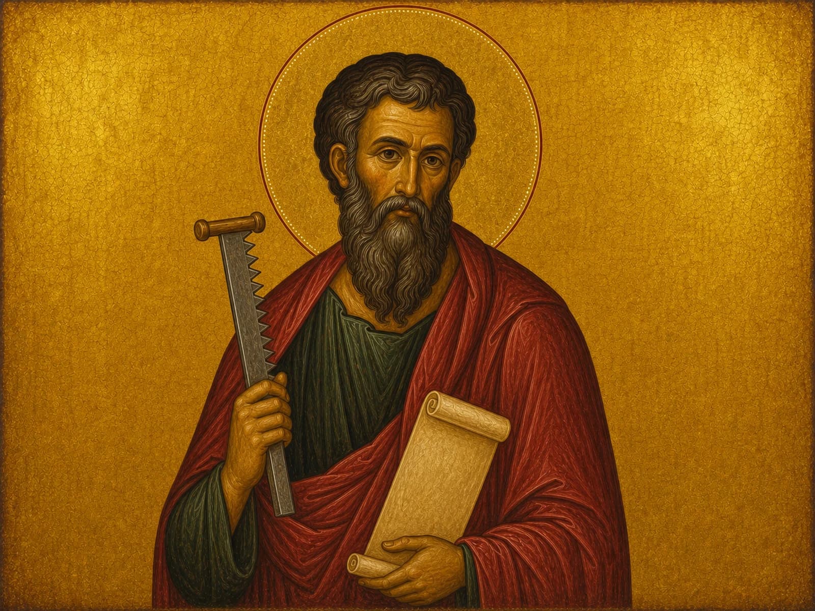 Icon of Saint Simon the Zealot holding a scroll and saw of martyrdom.
