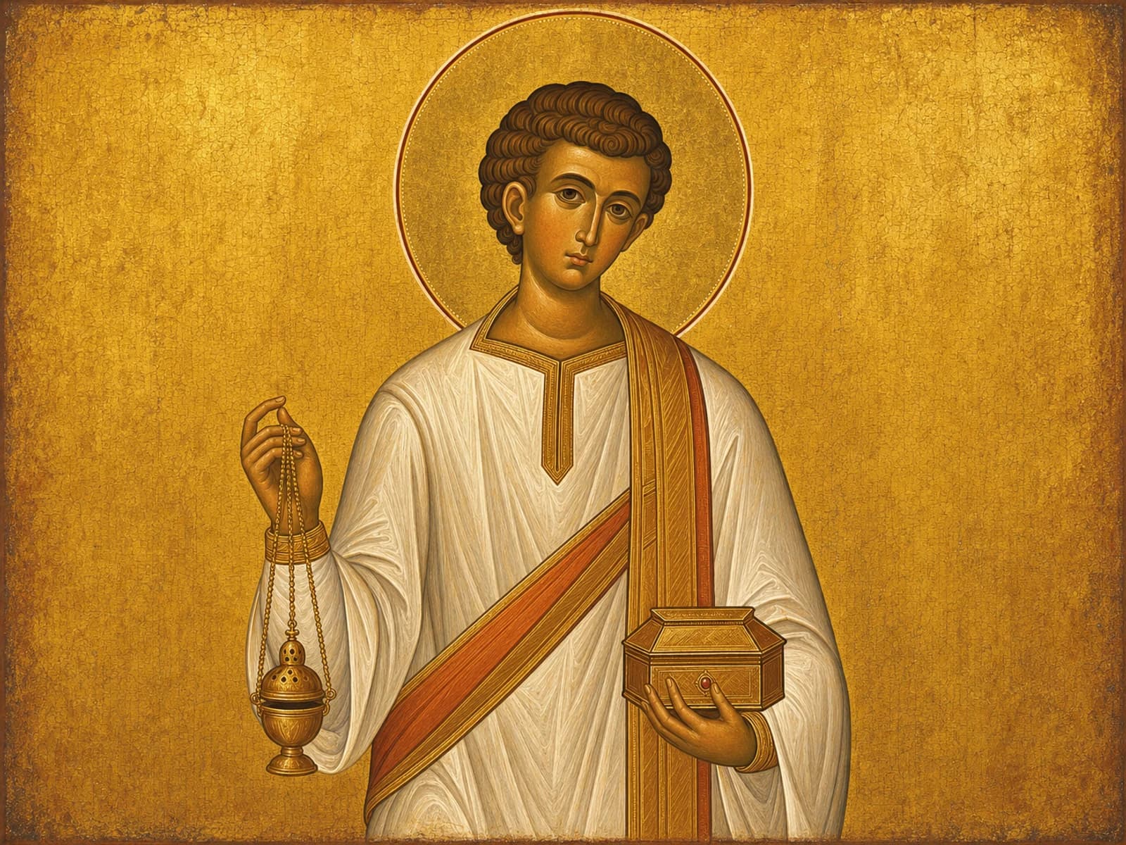 Icon of the Protomartyr Stephen, a young deacon with censer and casket.