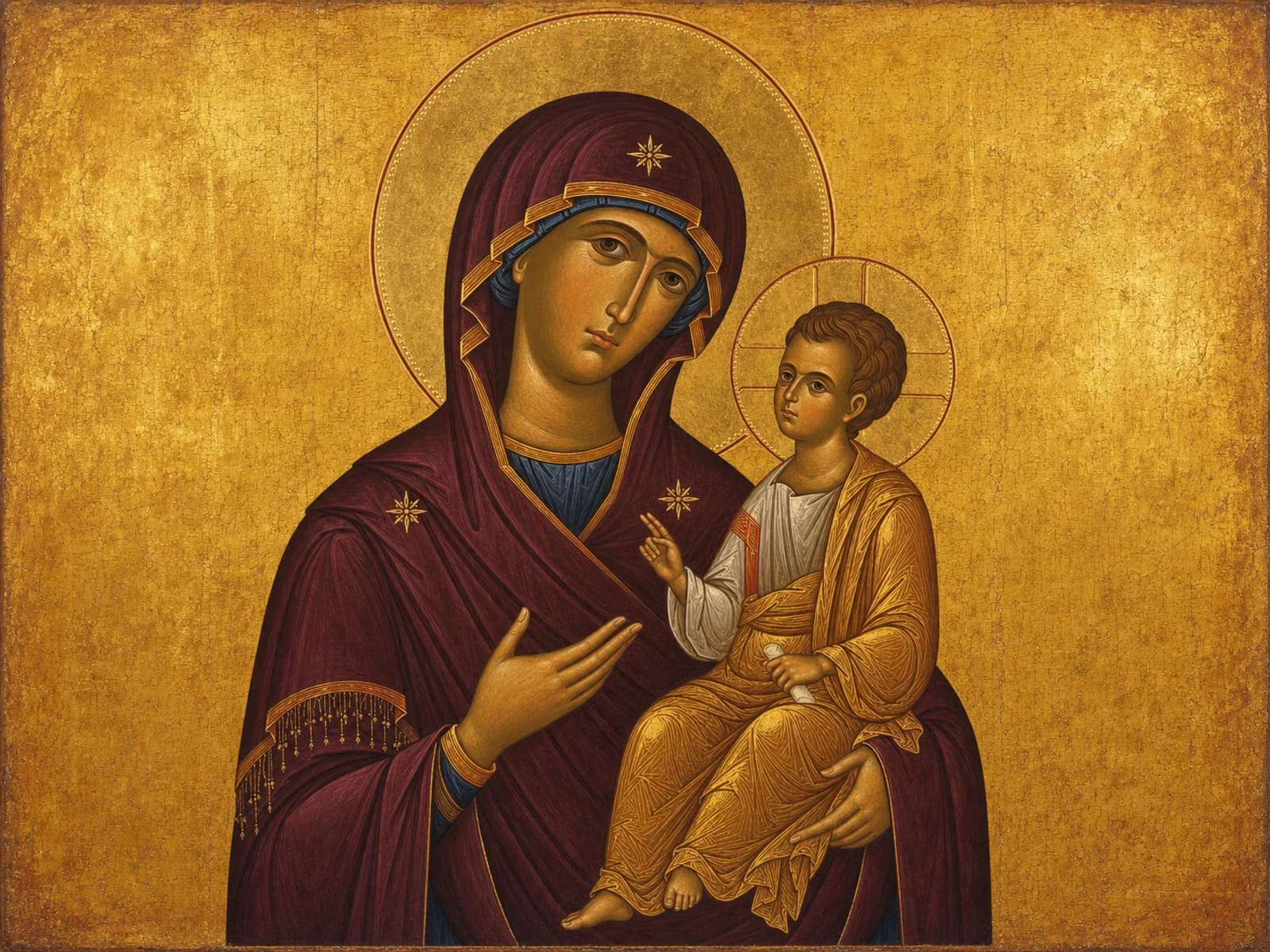 Hodegetria icon of the Theotokos holding the Christ Child and gesturing toward Him.