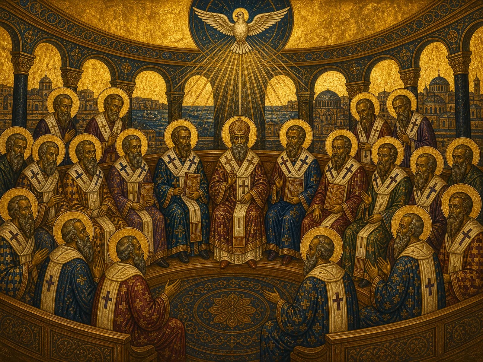 Bishops of the First Council of Constantinople gathered beneath a descending dove.