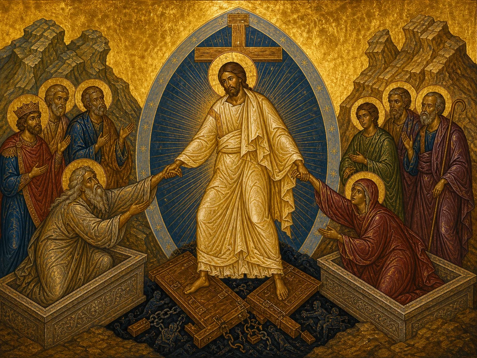 The risen Christ raising Adam and Eve from their tombs over the shattered gates of Hades.