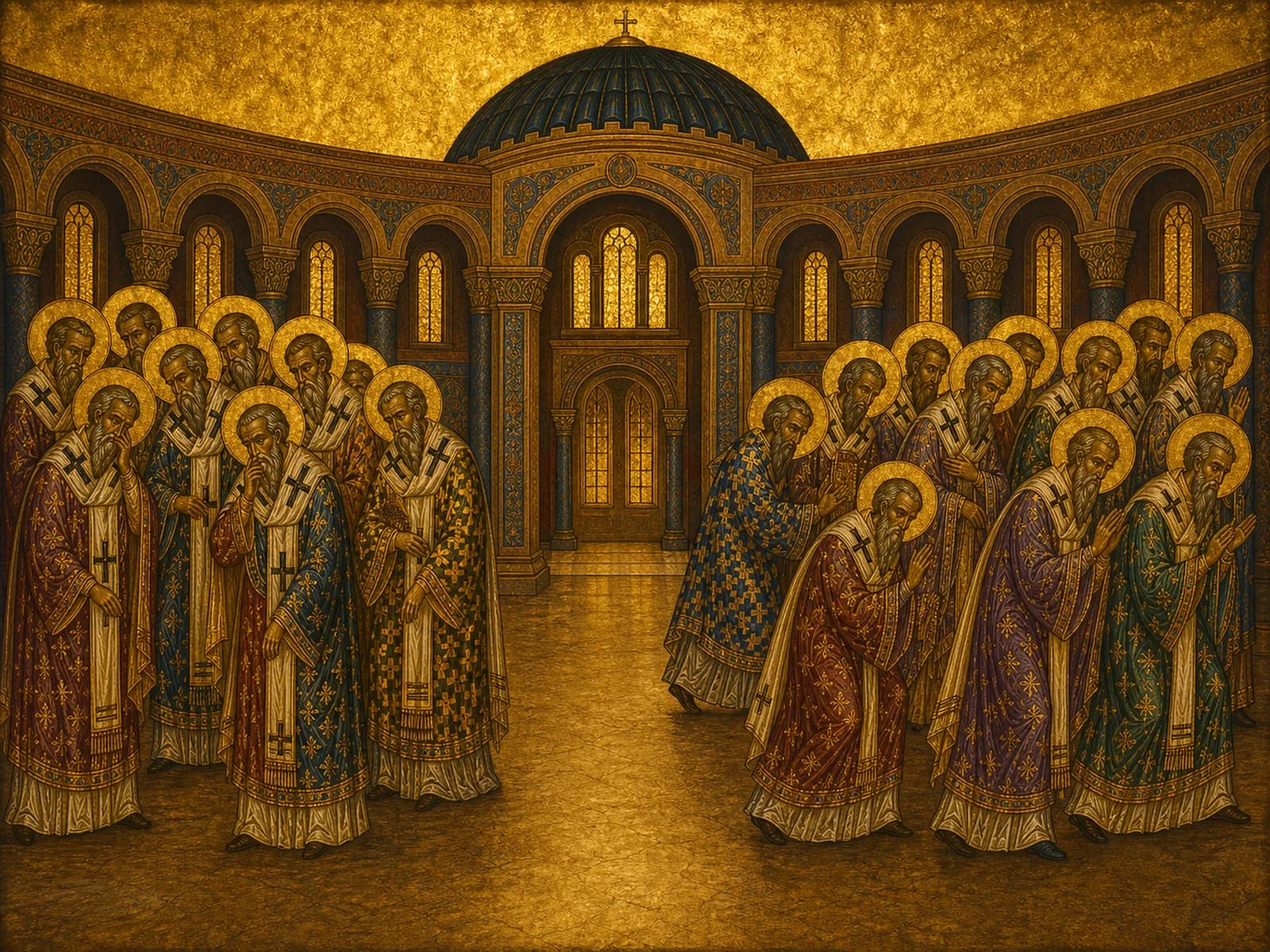 Bishops parting ways at the non-Chalcedonian schism beneath one church dome.