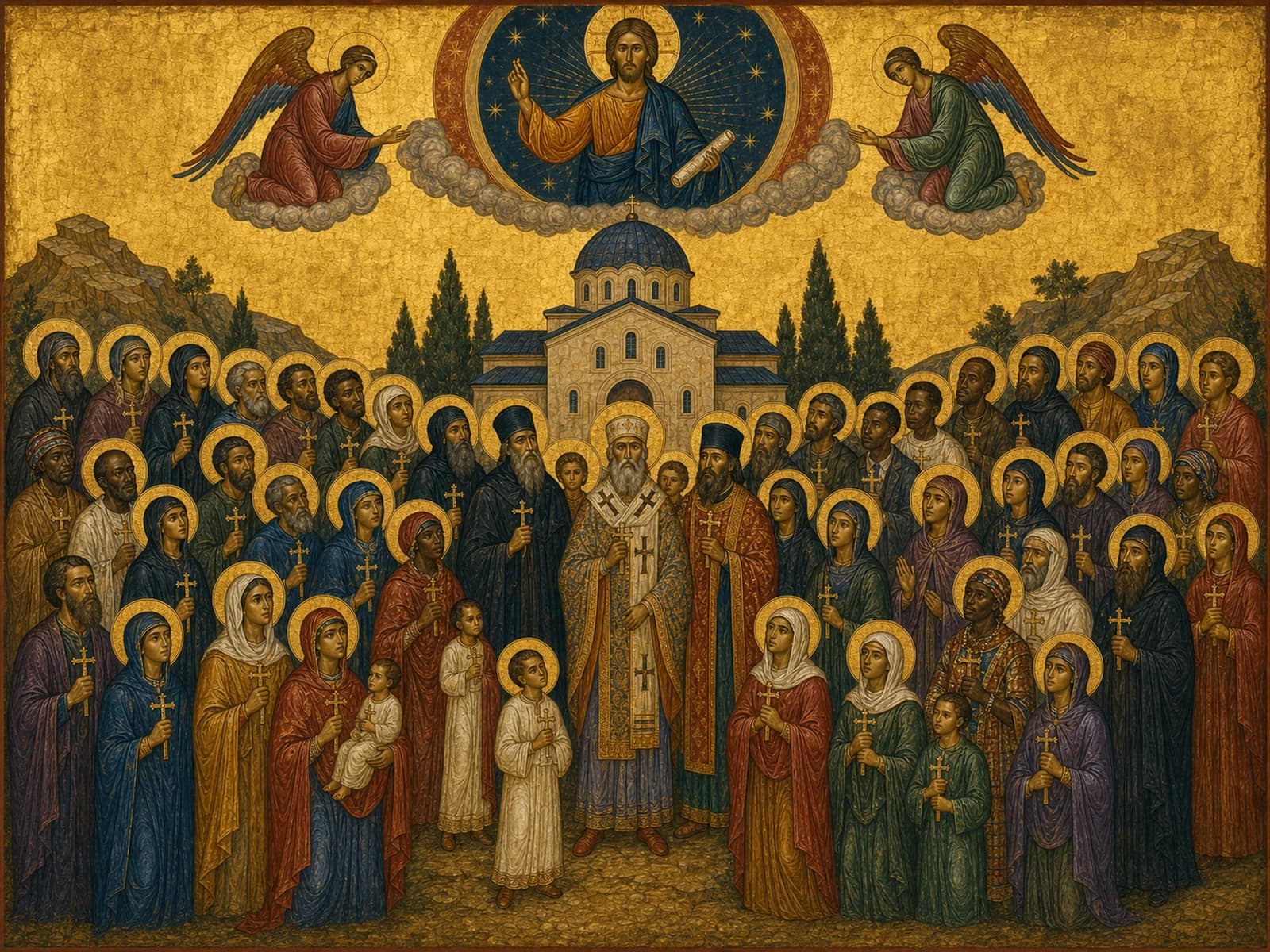 Icon of the suffering Church today: Orthodox faithful of many nations holding crosses of martyrdom beneath the blessing of Christ.