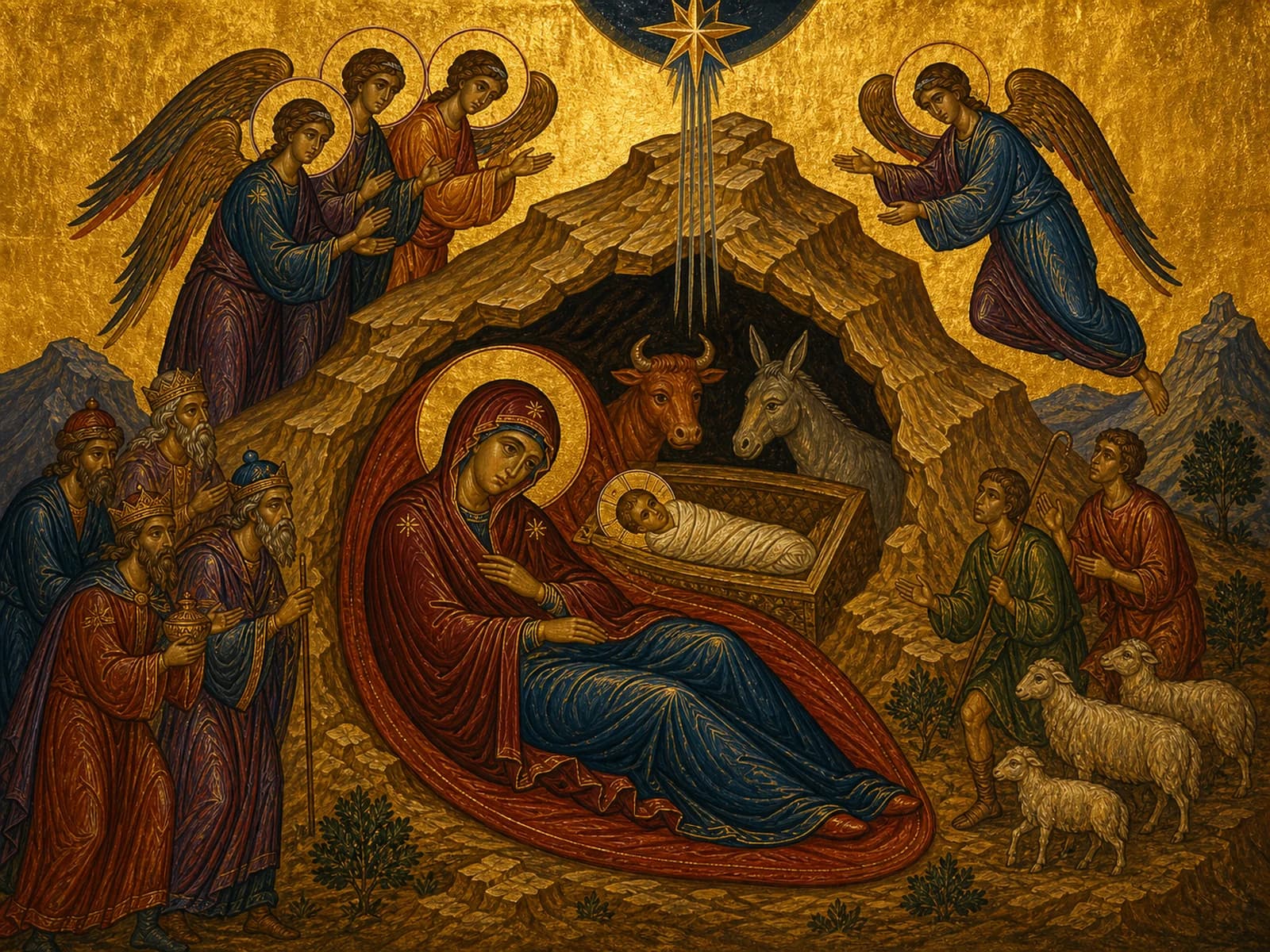 The Nativity of Christ in the cave with the Theotokos, the Christ-child, and a radiant star above.